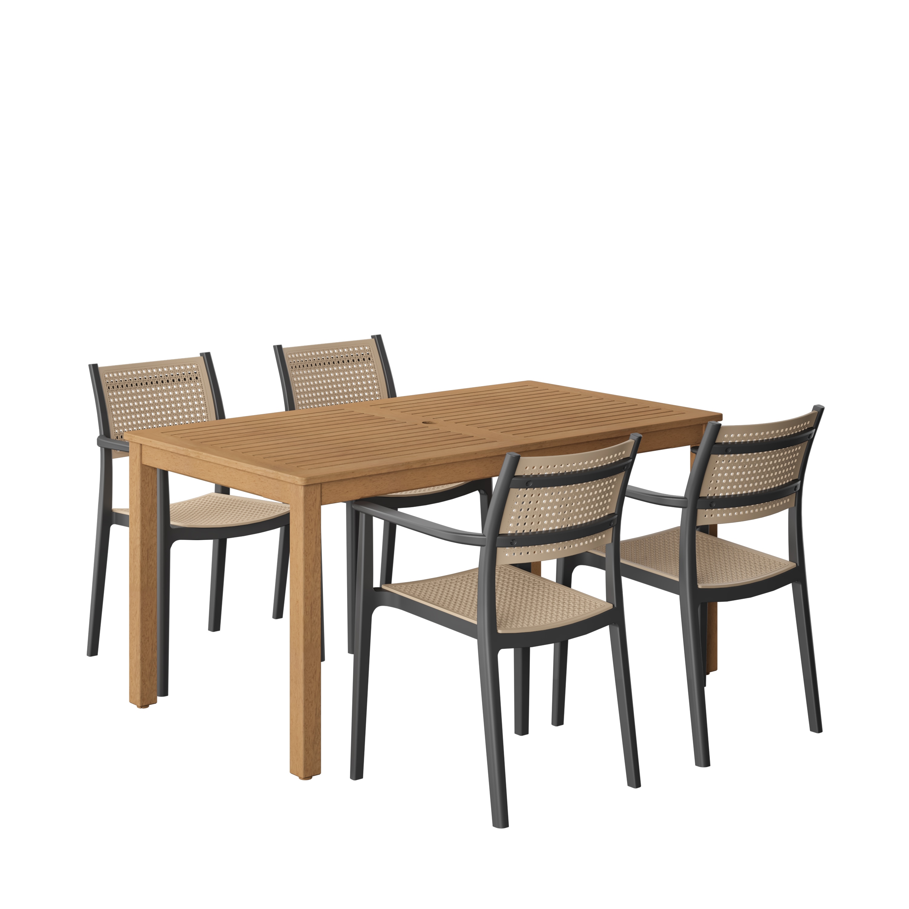 Amazonia LWS-ORL-4-ARU BK 5 -Piece wood Patio Dining Set Wood Rectangle Table with 4 Stackable Stationary and Motion Chairs