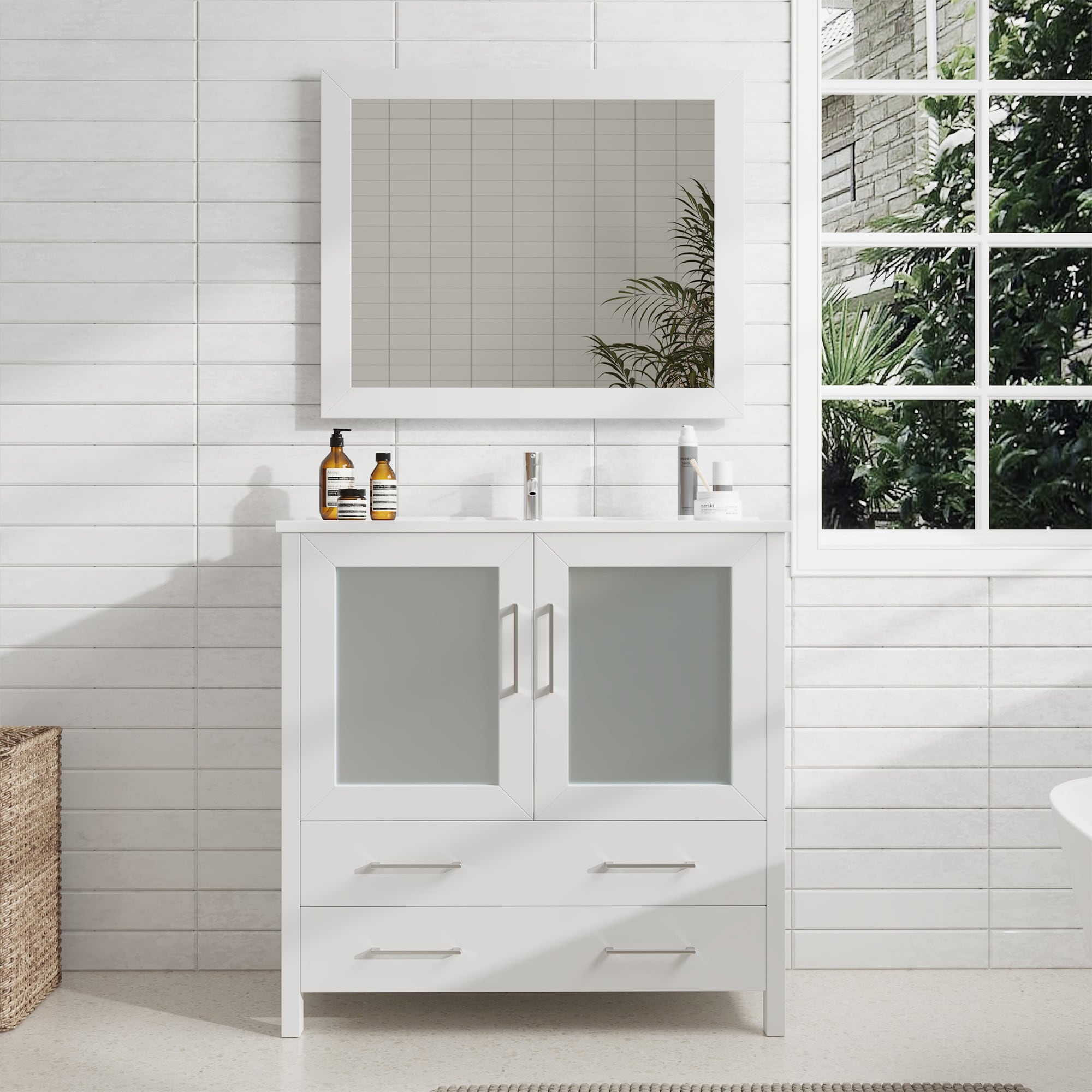 Vanity Art VA3036-W Brescia 36-in White Undermount Single Sink Bathroom Vanity with White Ceramic Top (Mirror Included)