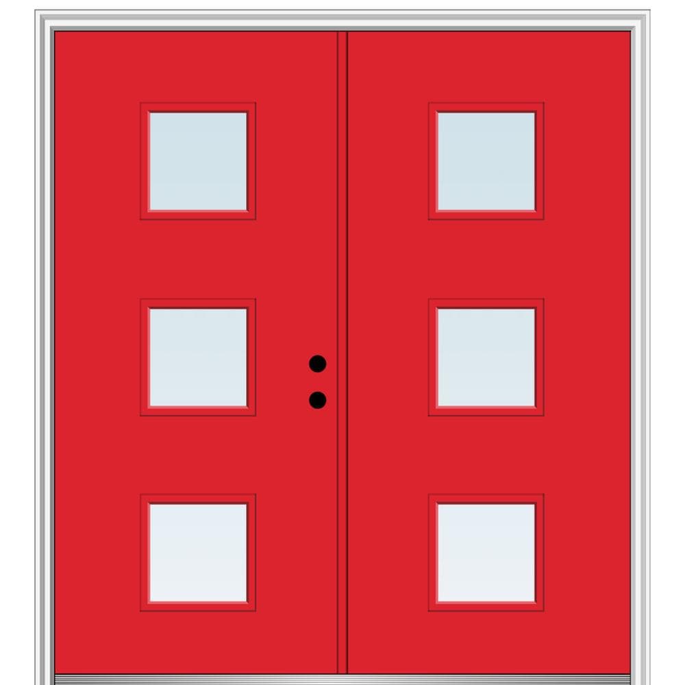 MMI DOOR ZZ346105L Spotlights 72-in x 80-in x 4-9/16-in Fiberglass Pulse lite Left-hand inswing Red Saffron Painted Prehung Double Front Door with Brickmould Insulating core