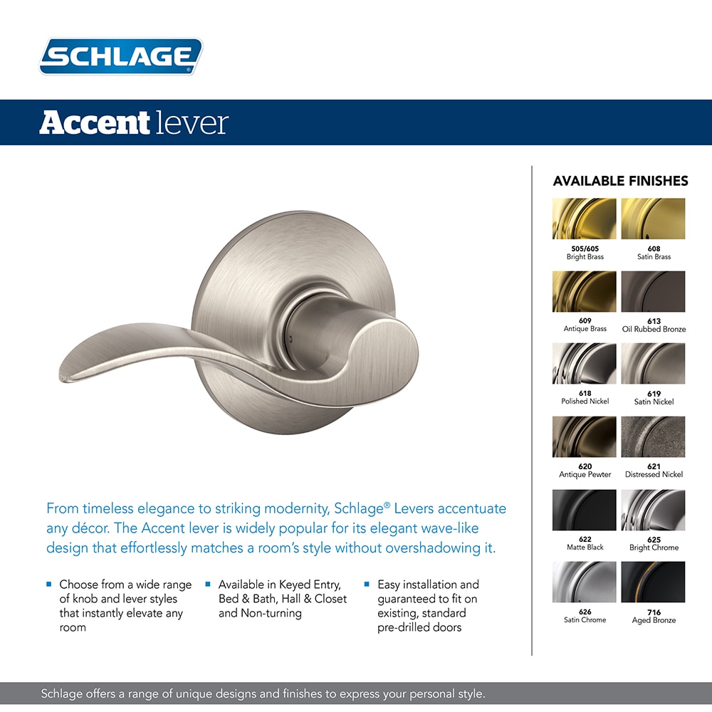 Schlage FB50NVACC619 Satin Nickel Single Cylinder Deadbold & Keyed Entry  Accent Lever