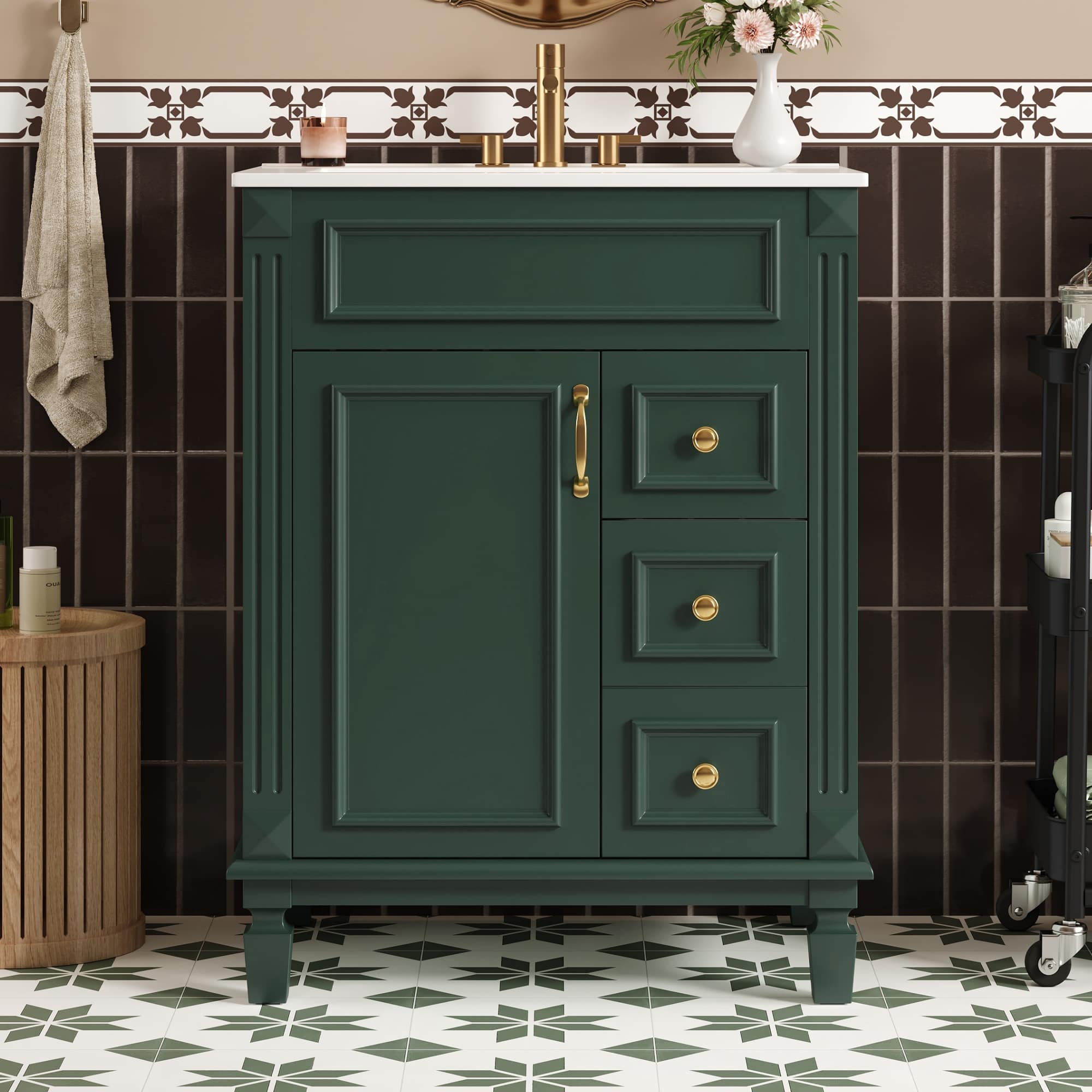 JCFL VANTP906-12 24in Green Bathroom Vanity with Ceramic Sink Small Bathroom Sink Cabinet with 2 Drawers and Adjustable Shelf