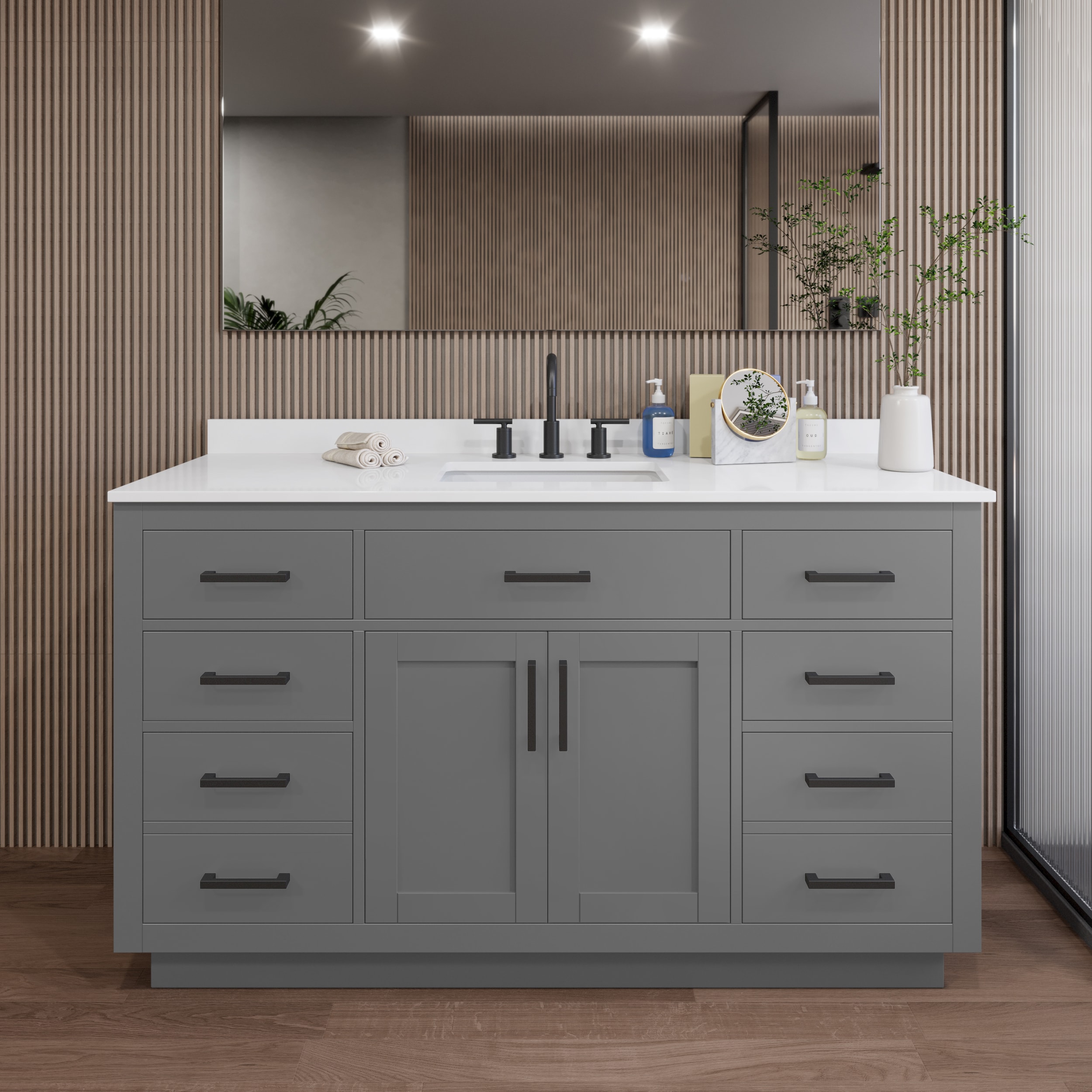 Wyndham Collection WCG262660SGBWQUS3MXX Beckett TK 60-in Dark Gray with Matte Black Trim Undermount Single Sink Bathroom Vanity with White Quartz Quartz Top