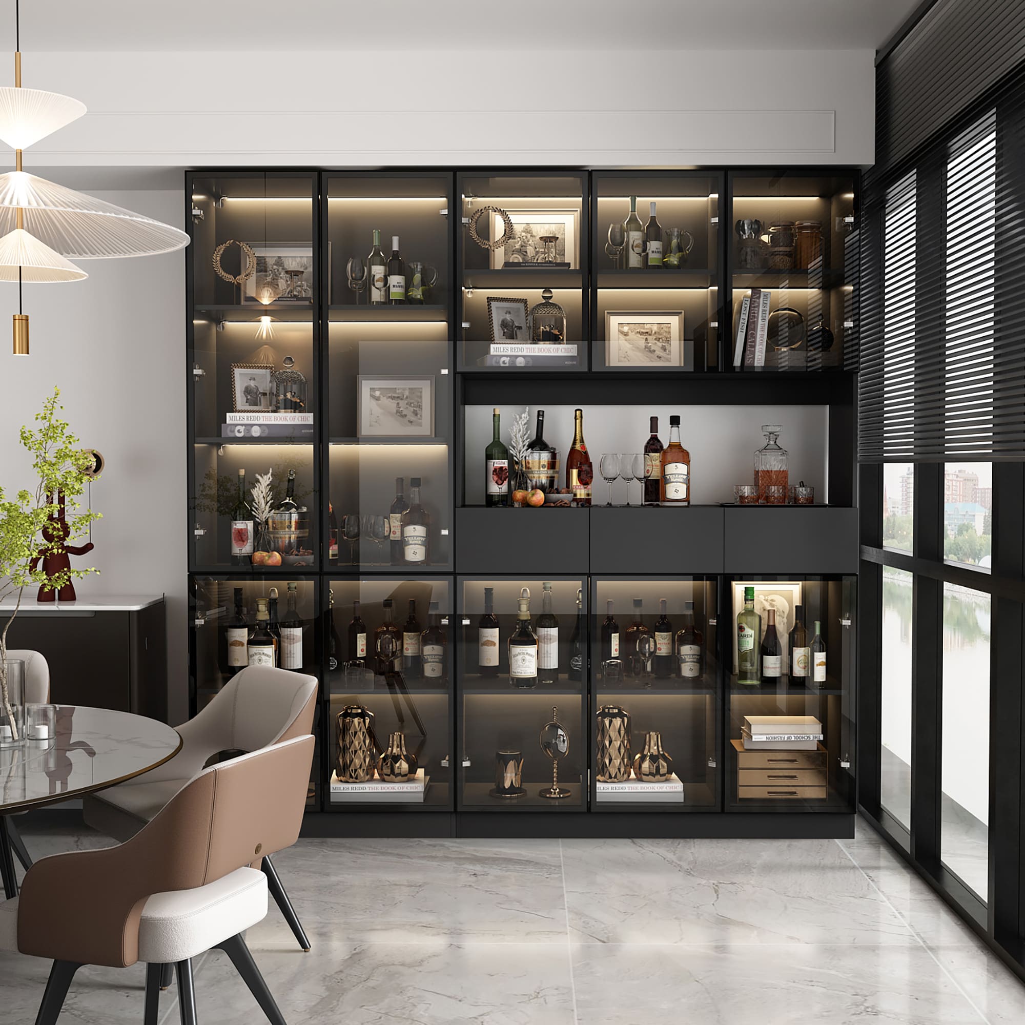 FUFU&GAGA JH0373+374 Black MDF 4 -Shelf Oversized set Bookcase with Doors ( 78.7-in W x 78.7-in H x 14.2-in D ) Finished