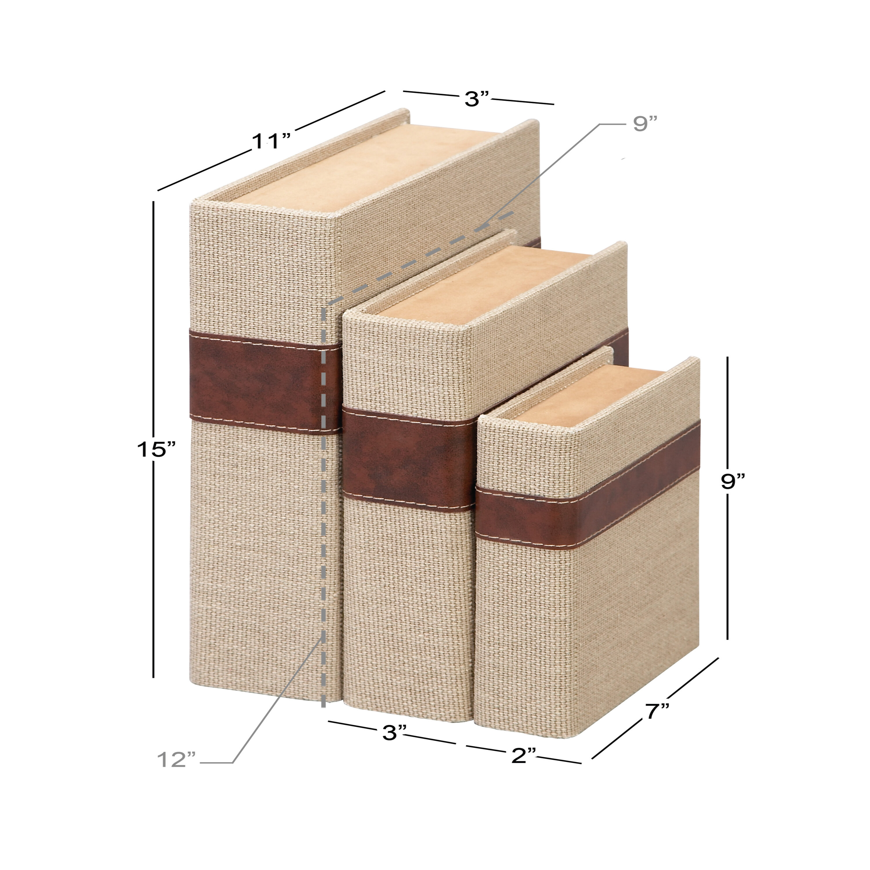 Set of 3 Beige and Brown Burlap Faux Leather Book Boxes