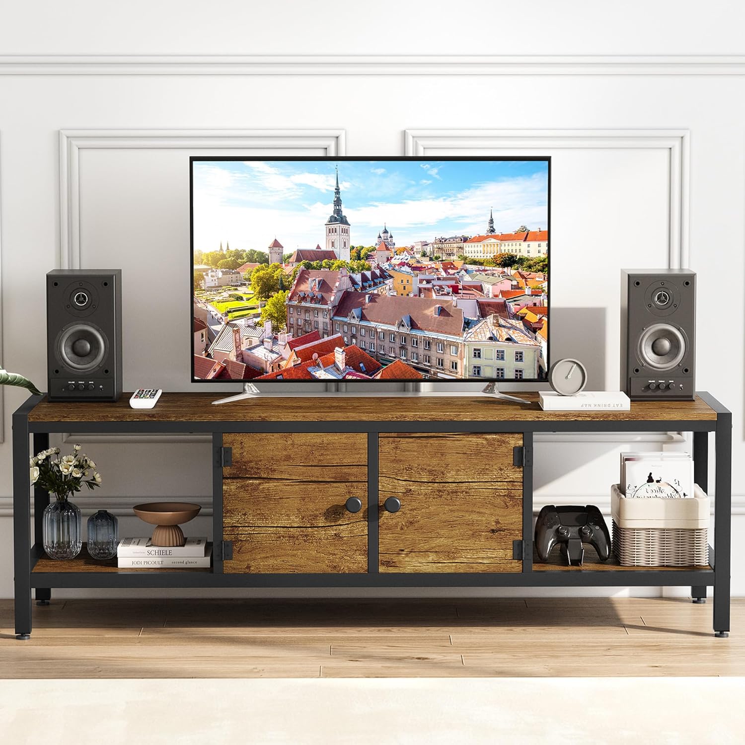 Qeetex DYQ-PHO-159LGOWK IDEALHOUSE 58 Inch TV Stand Up to 65 Inches TVs  Modern Entertainment Center with Storage Cabinet  Wide TV Console with Adjustable Feet for Living Room  Bedroom  Rustic Brown