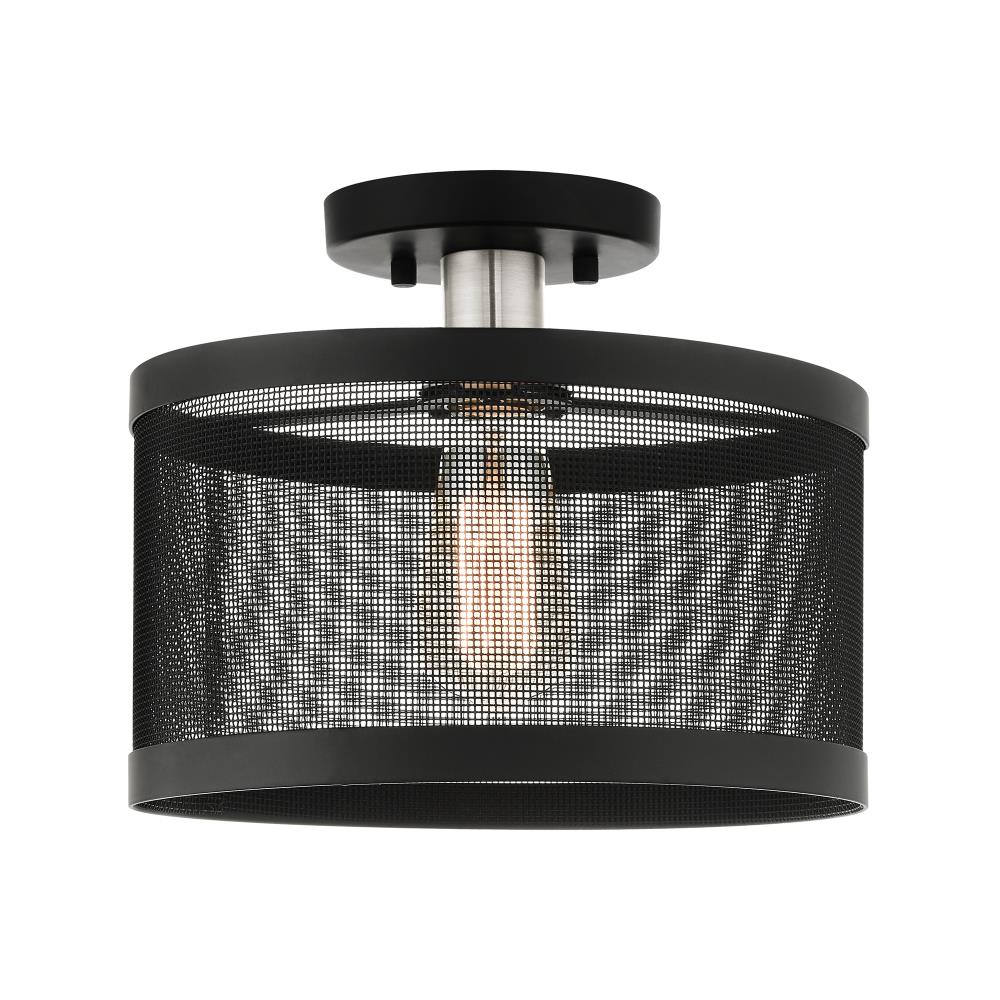 Modern Indoor/Outdoor LED Drum Semi-Flush Mount in Black & Brushed Nickel
