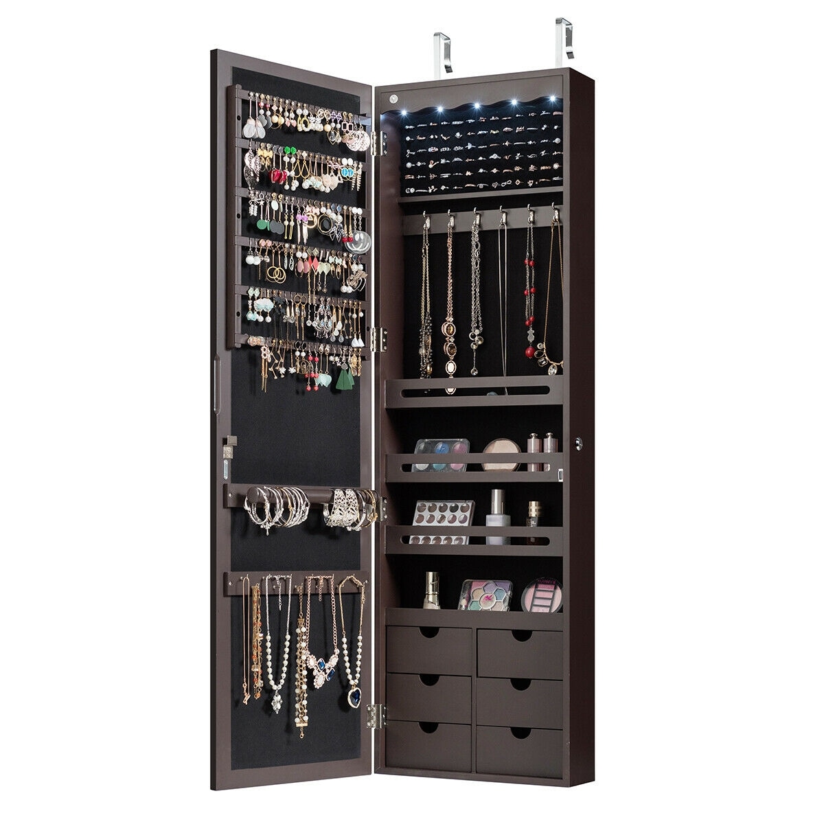 Wall Mounted Jewelry Armoire Cabinet with Mirror, Jewelry Organizer Storage with Earring Slots, Necklace Hooks, Ring Slots and Scarf Rod, Flash Silver