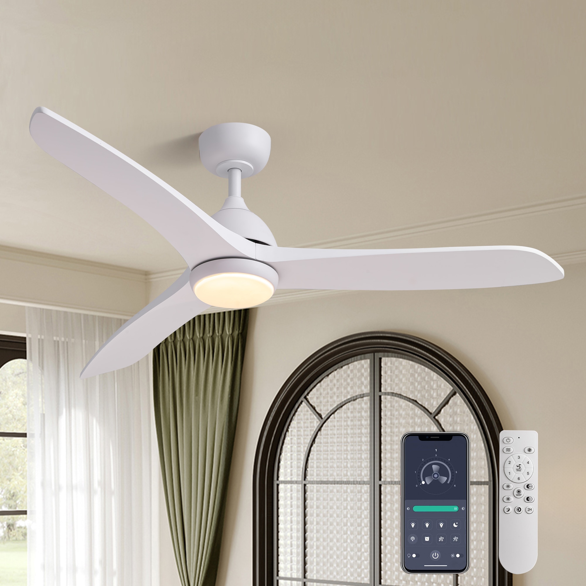 Antoine BLW022 Modern Traditional 52-in Color-Changing Integrated LED Smart White with White Wood Finish Blades Ceiling Fan With Light - Remote Included ( 3 -Blade )