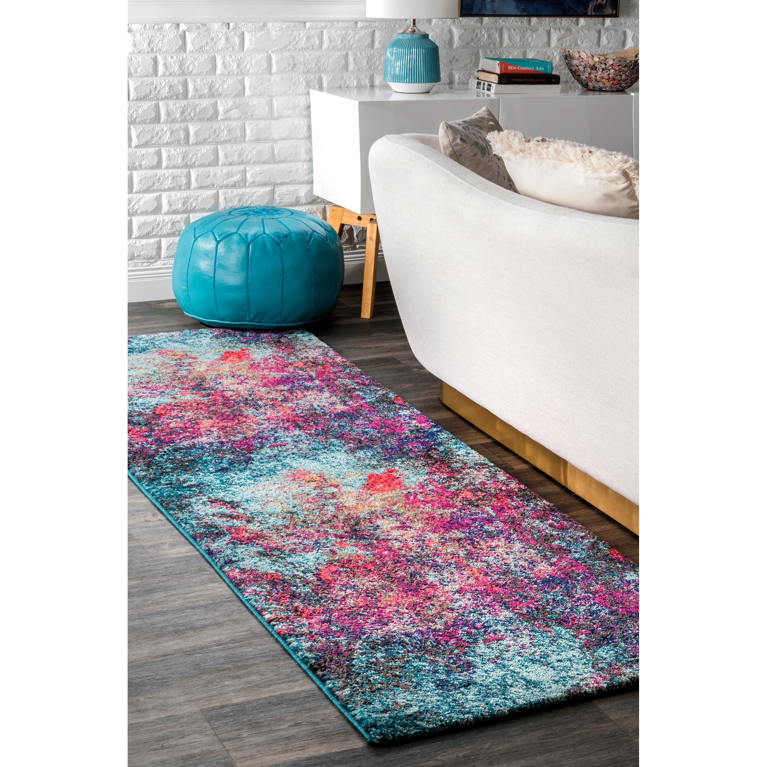 Reversible Blue and Pink Abstract Synthetic Runner Rug