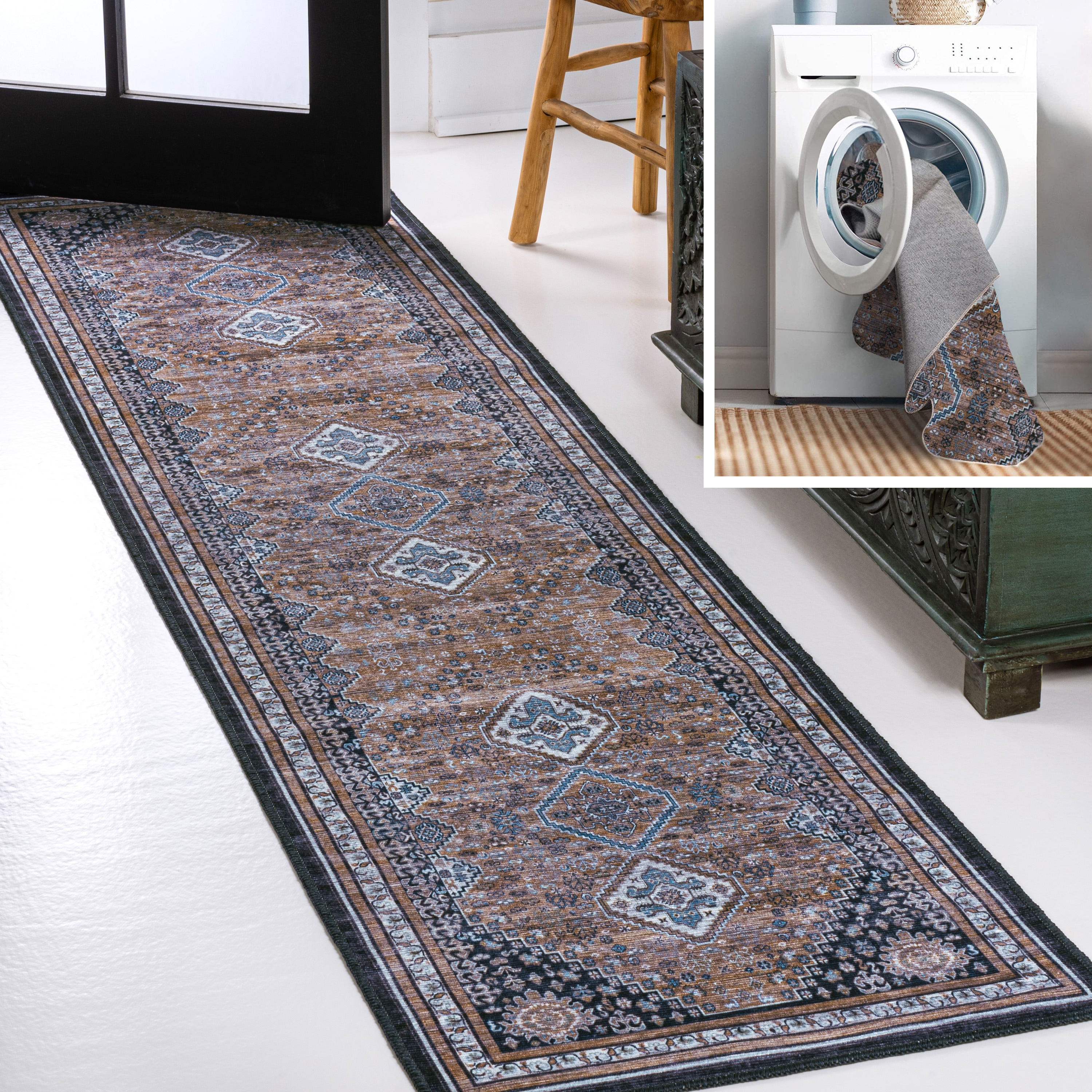 JONATHAN  Y WSH101B-28 WASHABLE Dalyan Geometric Medallion 2 x 8 (ft) Loomed Chenille Brown/Blue/Gray Rectangular Indoor Border Bohemian/Eclectic Machine washable Runner rug