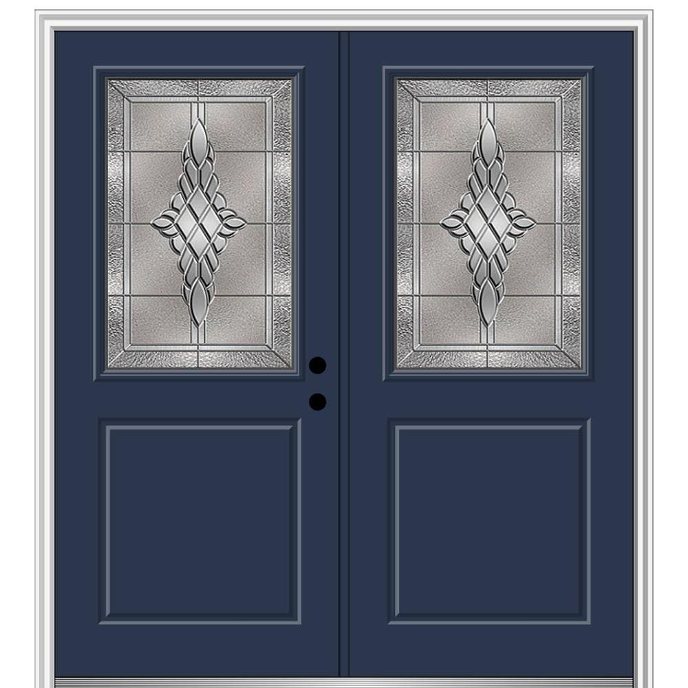 MMI DOOR ZZ366105L 72-in x 80-in x 6-9/16-in Fiberglass Half lite Left-hand inswing Naval Painted Prehung Double Front Door with Brickmould Insulating core