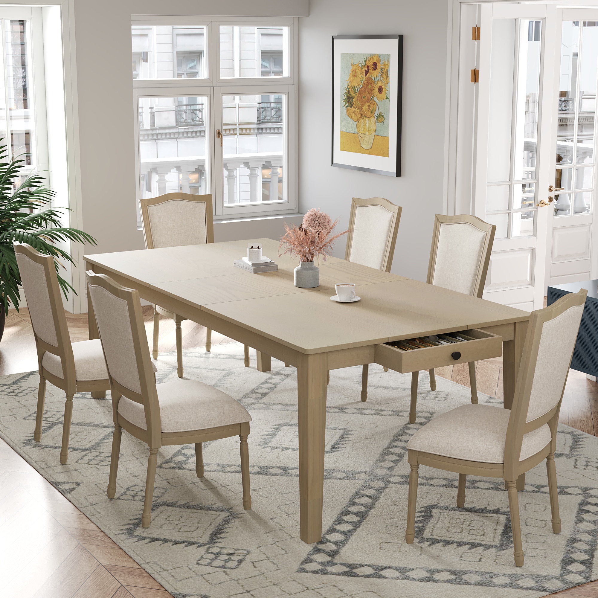 ModernLuxe SP000078AAN Rustic 7 Piece 78.1inch E tendable Dining Table Set with 18inch Removable Leaf6 Upholstered Dining Chairs2 Built in DrawersNatural