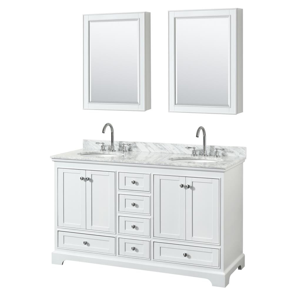 Wyndham Collection WCS202060DWHCMUNOMED Deborah 60-in White with Polished Chrome Trim Undermount Double sink Bathroom Vanity with White Carrara Marble Natural marble Top (Mirror Included)