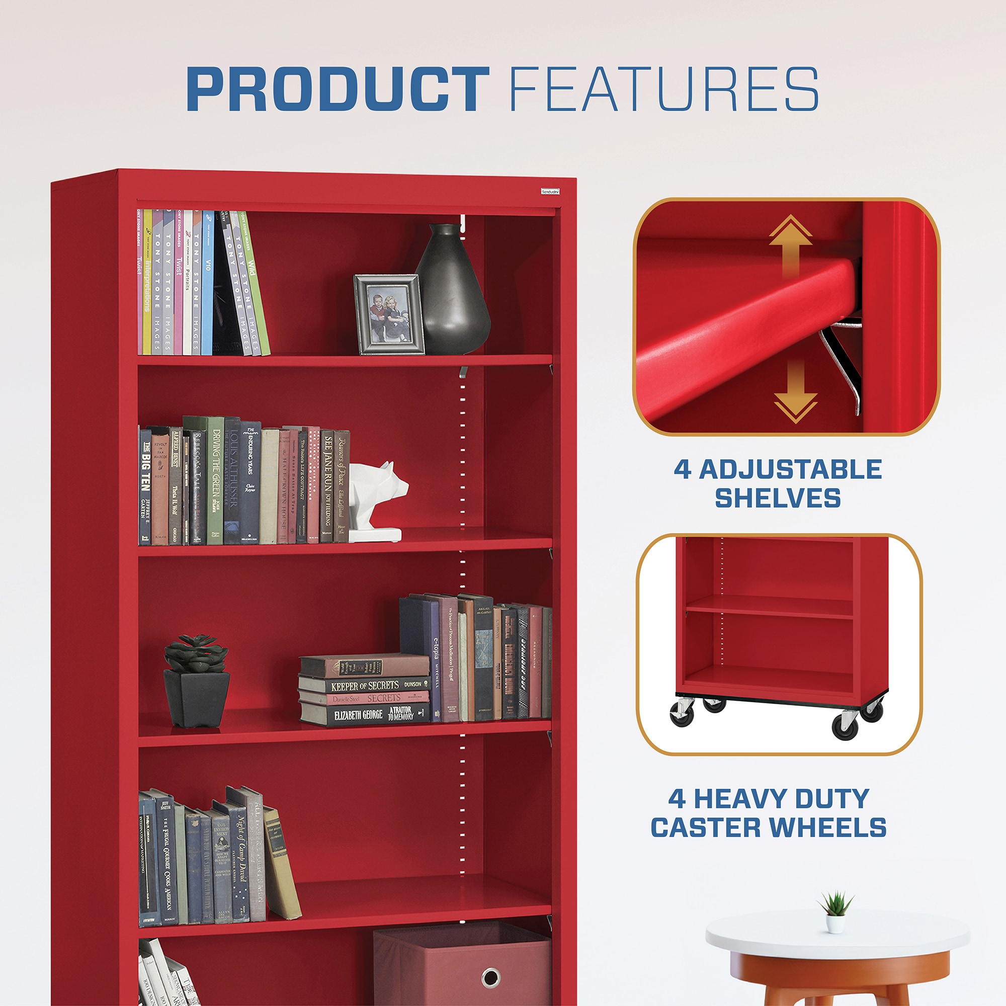 Red Steel Mobile Bookcase with Adjustable Shelves, 78" Height