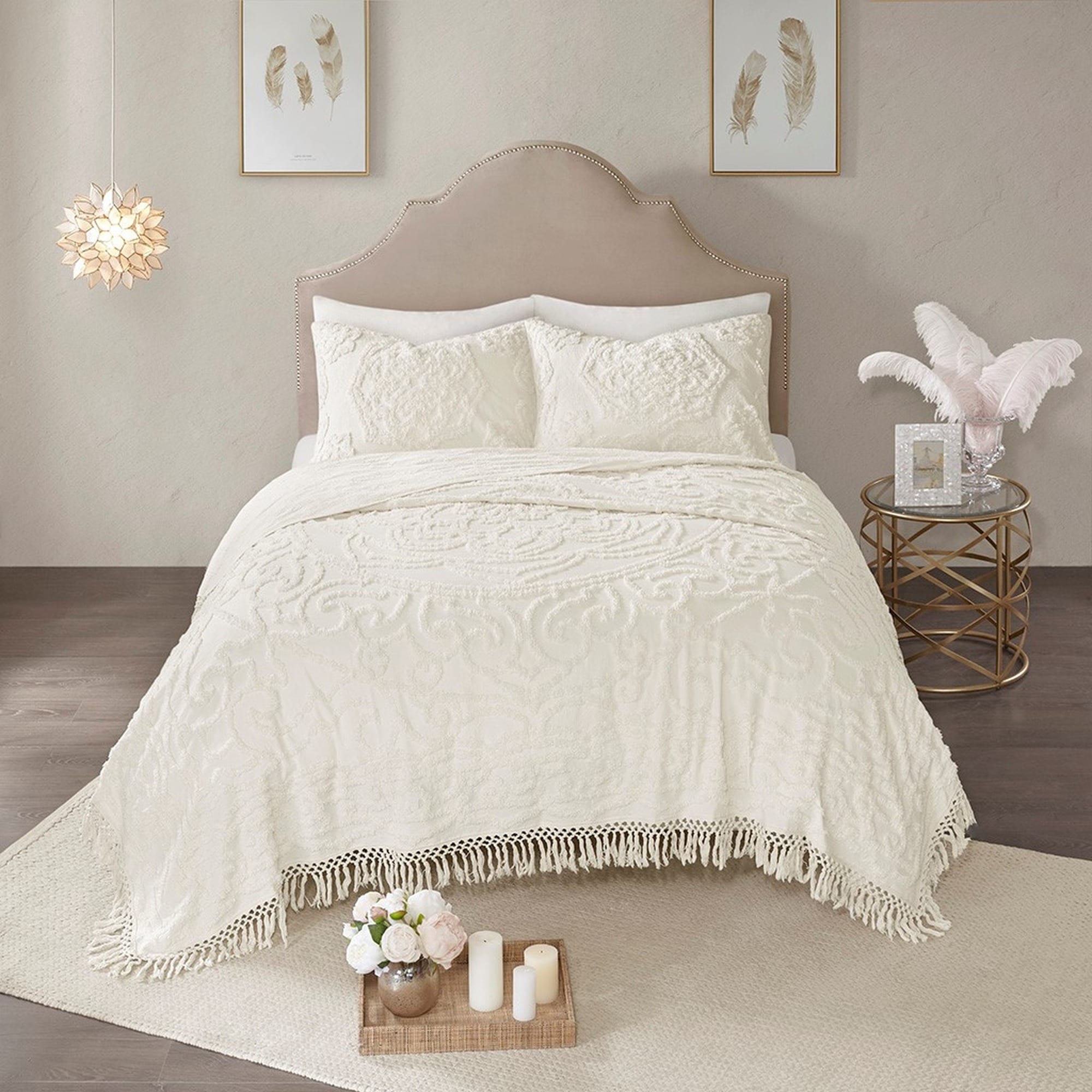 HyperDrop Cart King/Cal King Off-White Cotton Chenille Medallion Fringe Coverlet Mini Set - Heavy-Duty for Bedroom