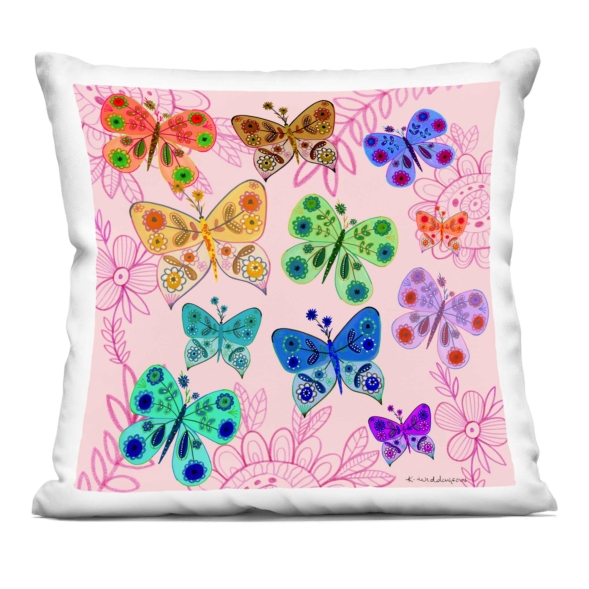 Stupell Industries PLO-929-SQW-18X18 Bright Patterned Butterflies Decorative Printed Pillow Design by Kay Widdowson