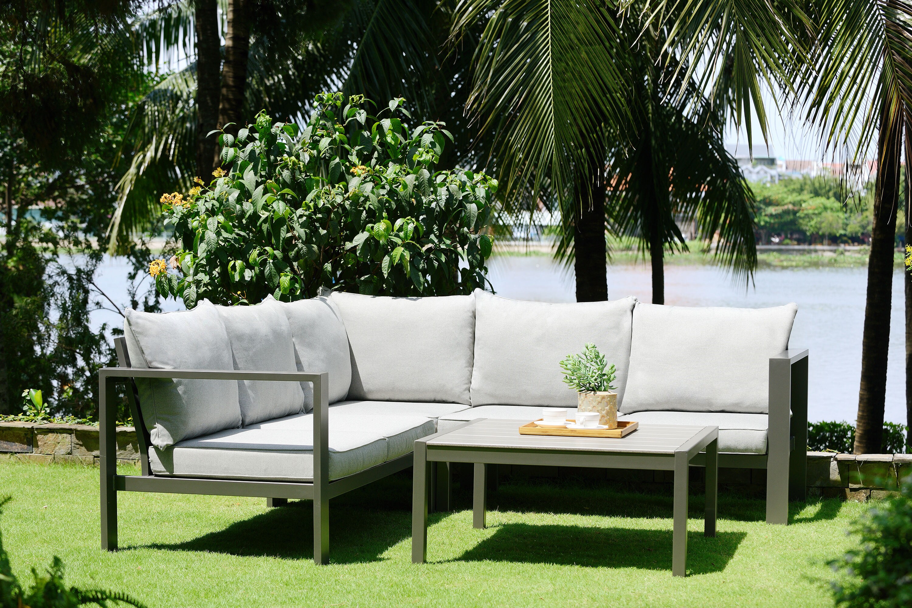 Armen Living SETODSLSE Solana 4-Piece Patio Conversation Set with Gray Cushions