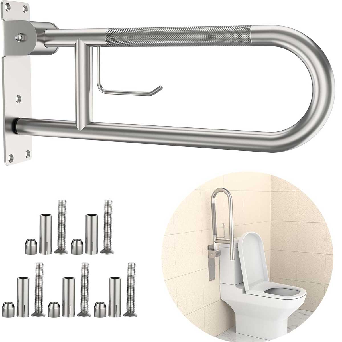 Aoibox AB0808BS047 22.4 Inch Toilet Grab Bar Brushed Nickel Anti Slip Support Rail U Shaped Flip Up Grab Bar with Paper Holder Stainless Steel Knurled Handicap Safety Handrails