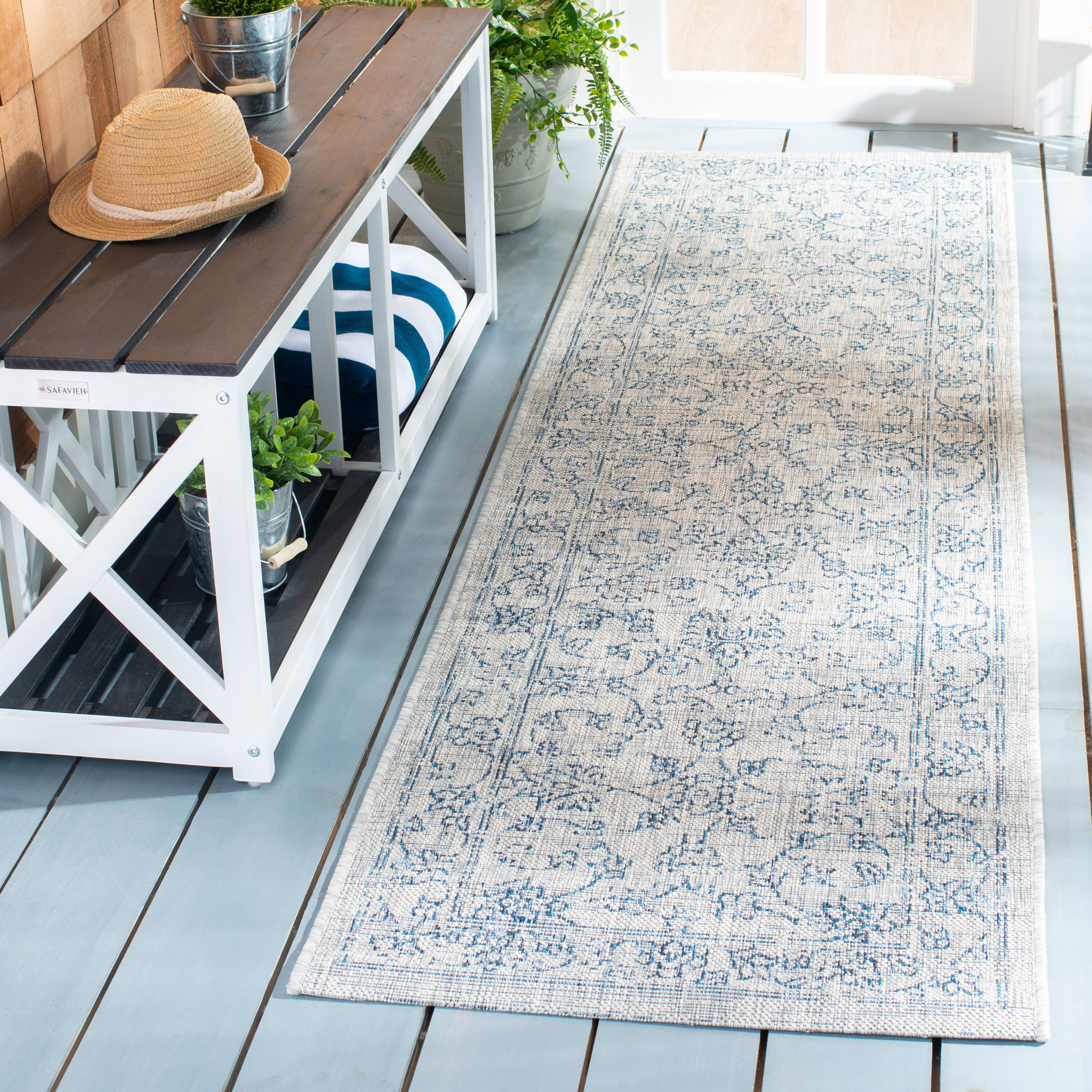 Safavieh CY8680-36812-222 Courtyard 2 x 22 (ft) Loomed Synthetic Gray/Navy Rectangular Indoor/Outdoor Floral Tropical Runner rug