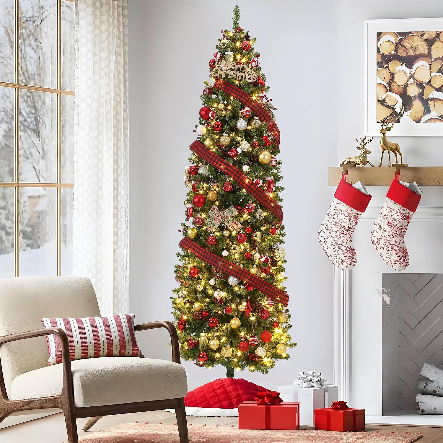 GAOMON 6 FT Slim Pencil Artificial Christmas Tree Non Flocked Design Decorated with Red Berries Pine Cones Dual Color LED Lights 8 Lighting Modes 200 Bulbs Indoor Outdoor Home Yard Xmas Holiday Decoration