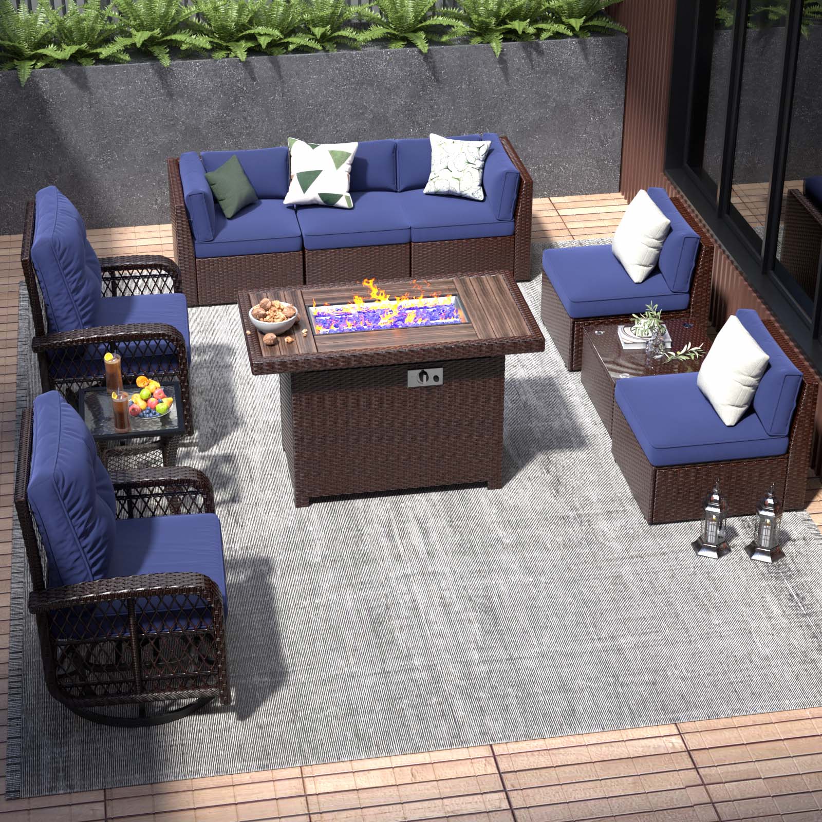 Bapipro BP3910U05 10 -Piece Rattan 2 Patio Sofa Conversation Set with Blue Cushions