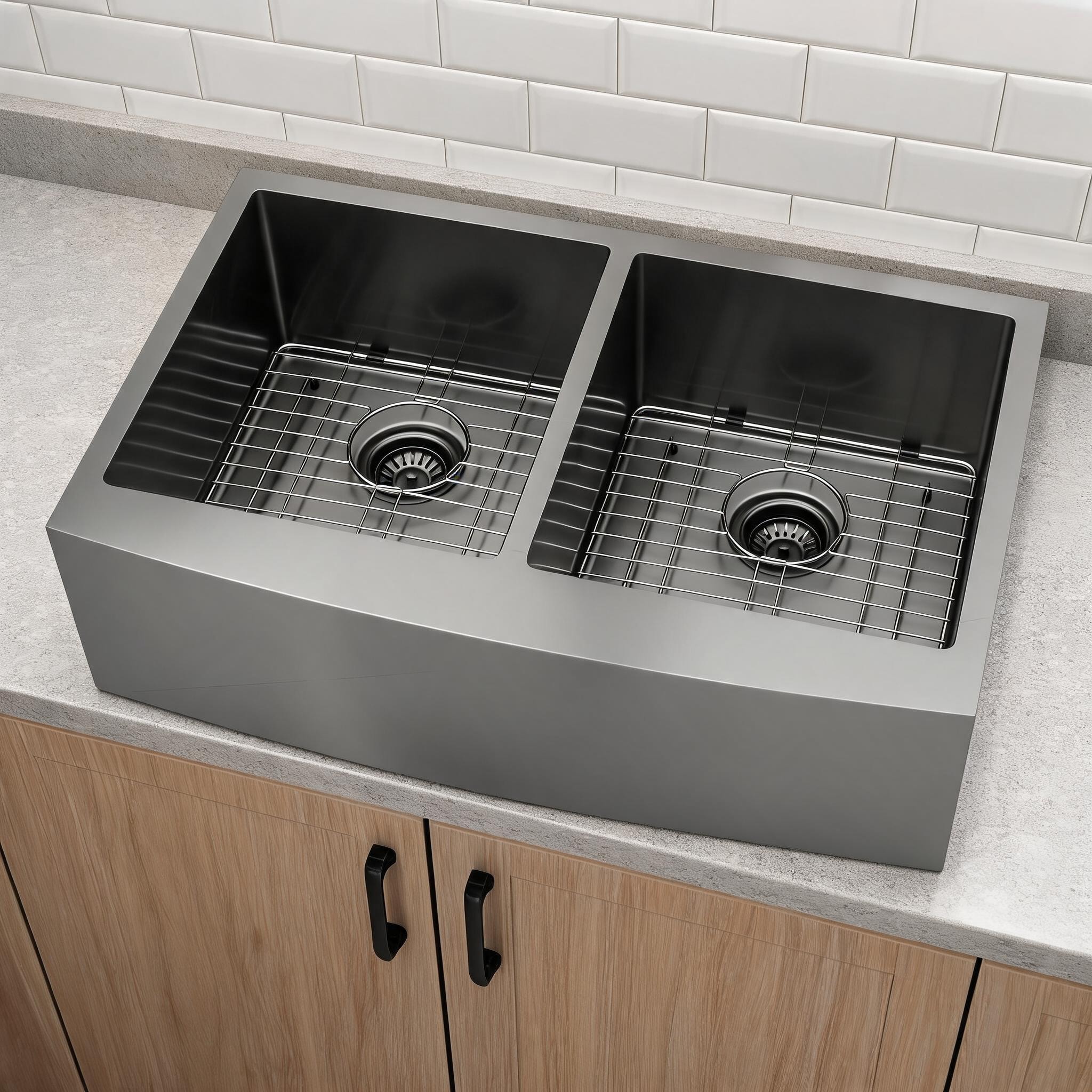 Watnature 33-Inch Double Bowl Apron Front Farmhouse Kitchen Sink Jet Black Stainless Steel #ZIO7CS9DPH5X