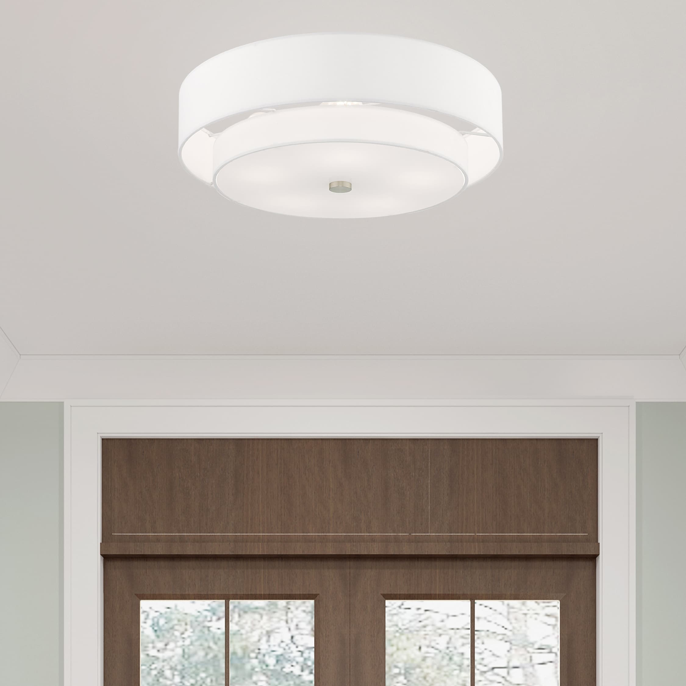Meridian Brushed Nickel 5-Light Indoor Drum Flush Mount with Off-White Shade
