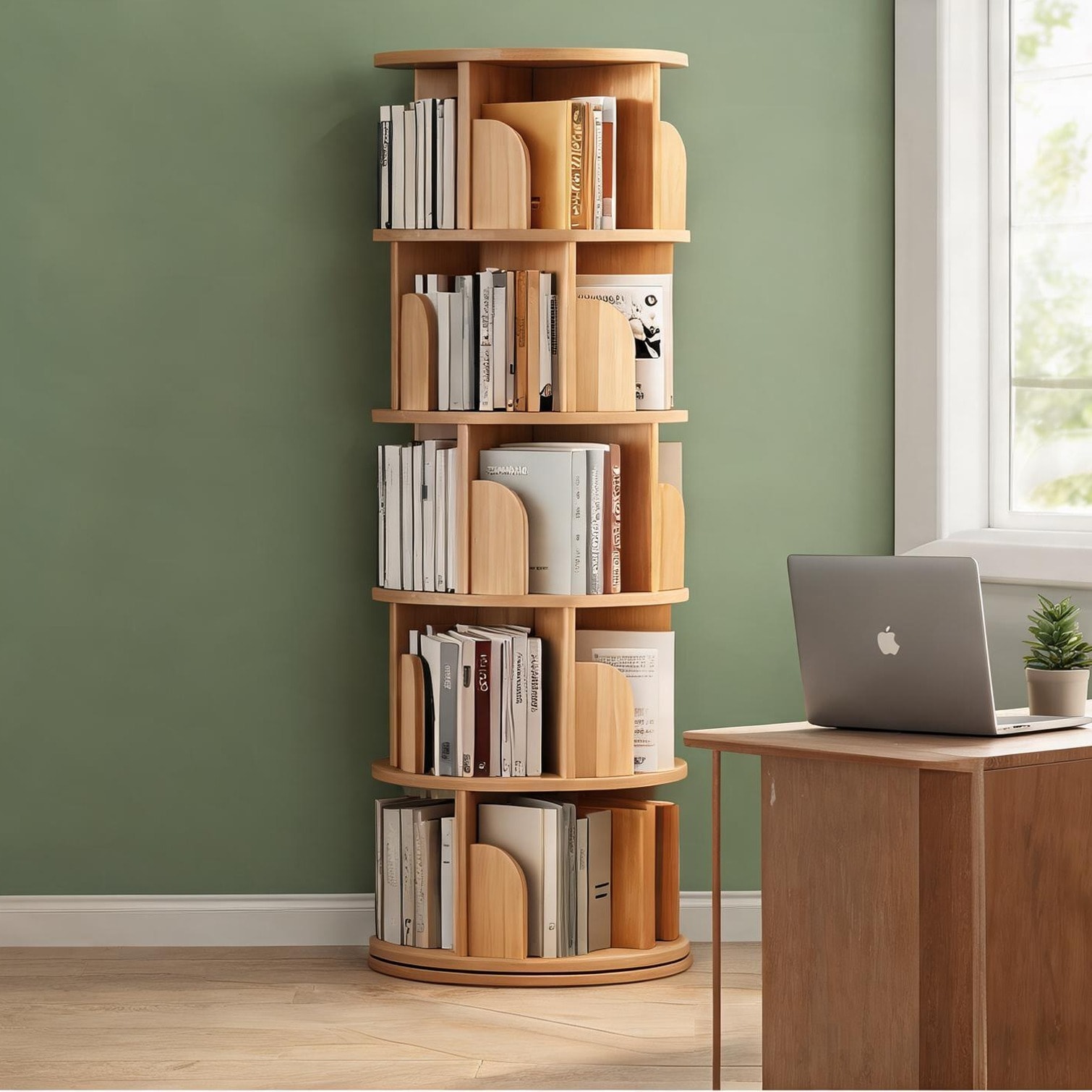 FlowLuxe Wood MDF Rotating Bookshelf 5-Tier 360 Display Space-Saving Tower for Small Rooms Modern Style