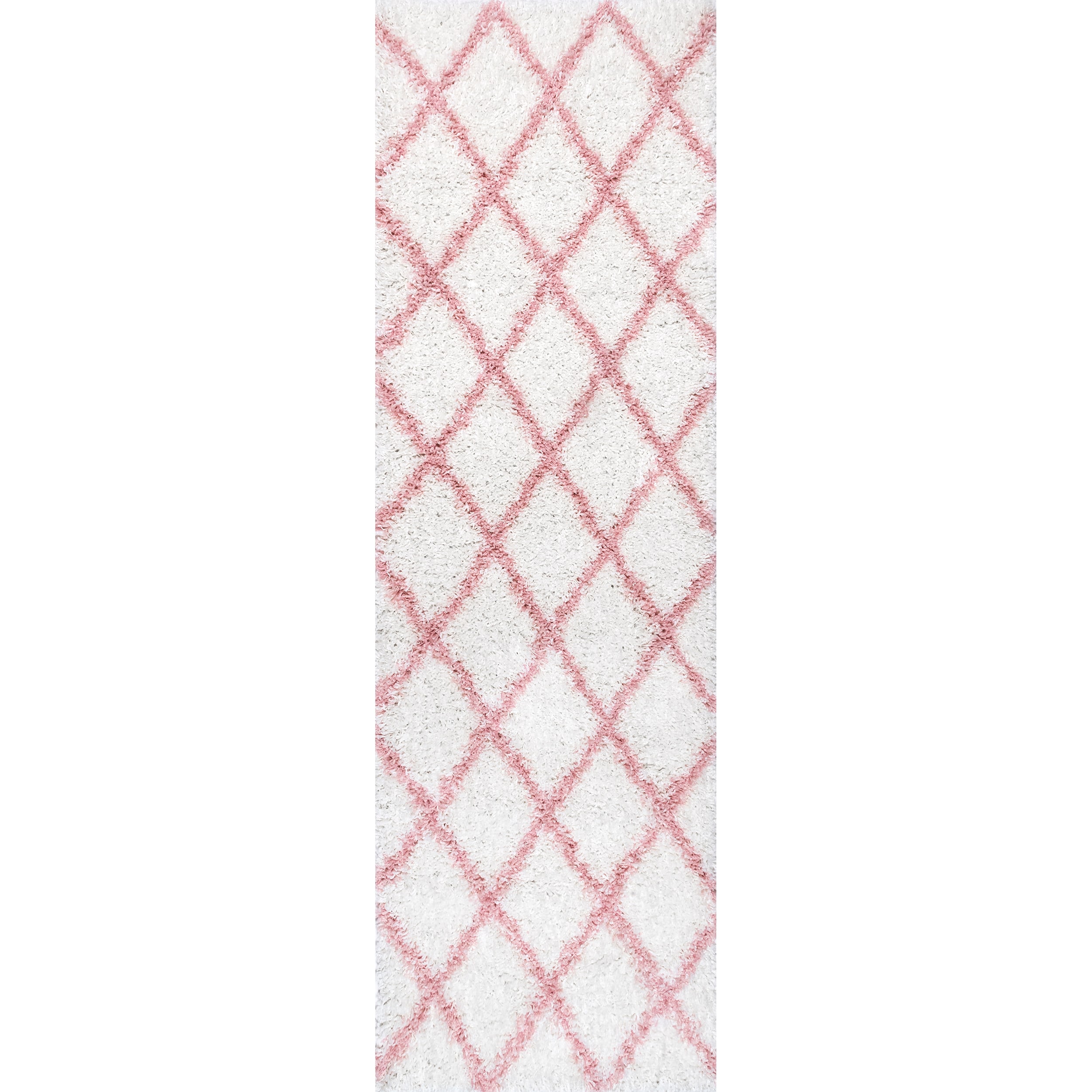 Pink and Ivory Geometric Shag Runner Rug, 2' 8" x 8'
