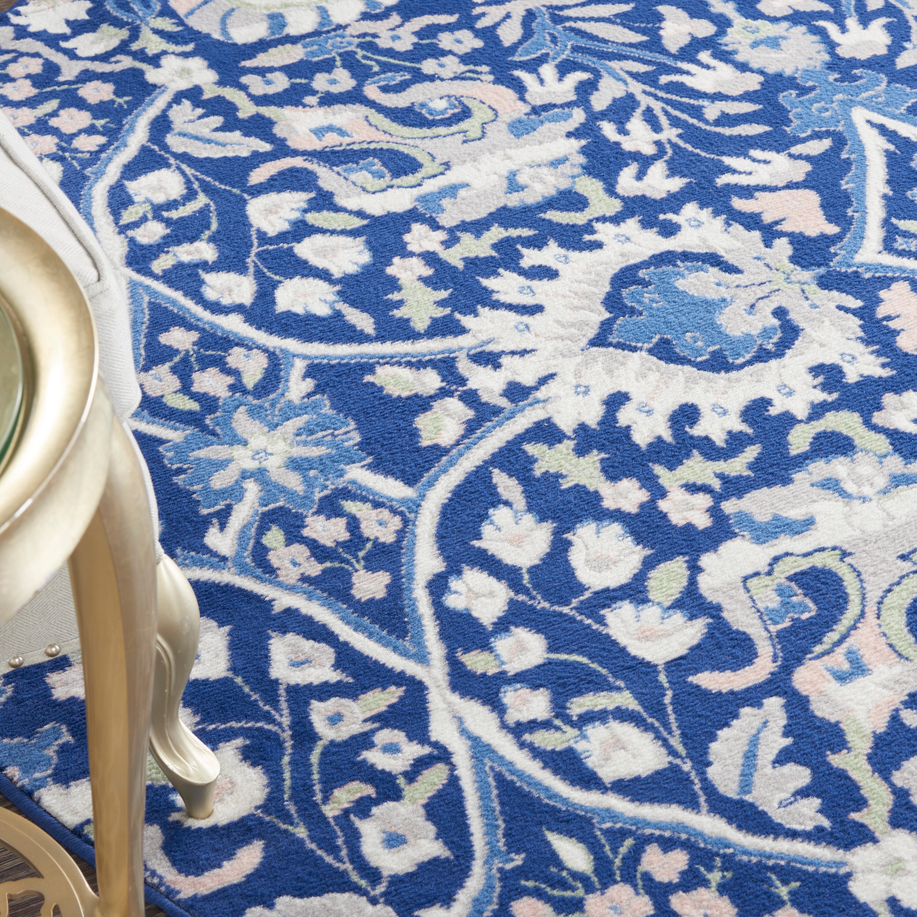 Navy Multicolor Floral Round 8' Synthetic Area Rug