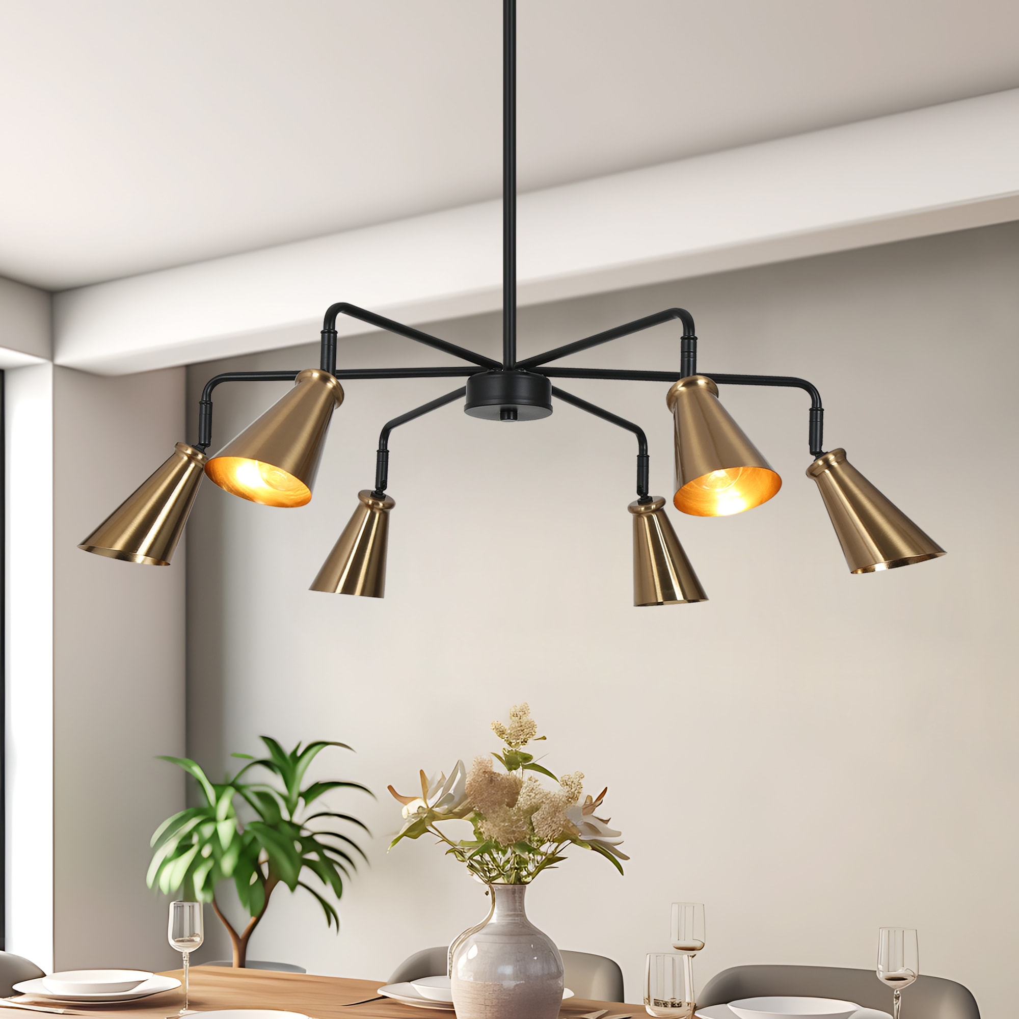 ZEVNI L3RRYYRIW4523SW7 Conakry 6 -Light Polished Brass Industrial For Use in Bedrooms, Dining Rooms, Foyers, Kitchens, Living Rooms Chandelier