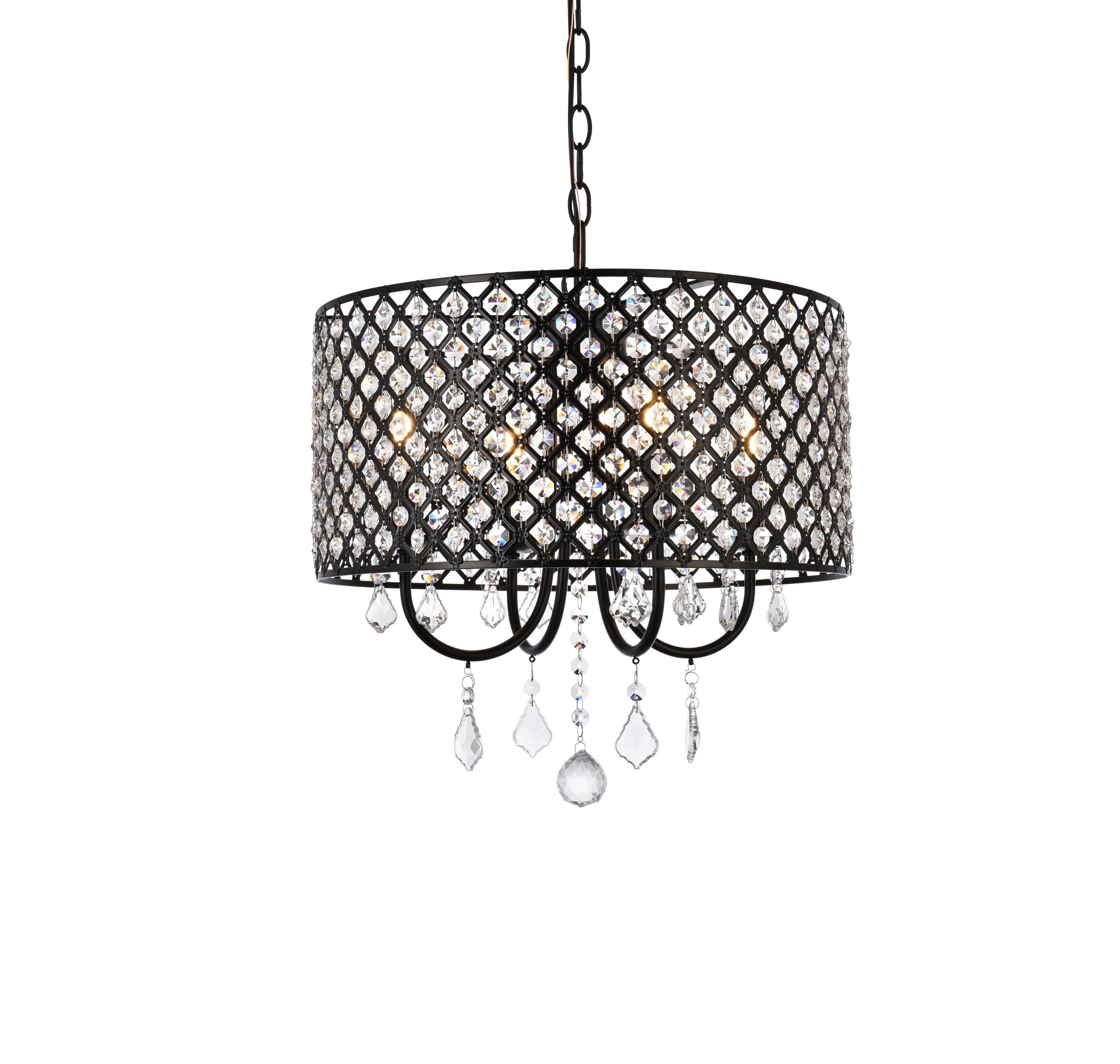 Elegant Crystal and Iron Black Drum Pendant with Lattice Shade