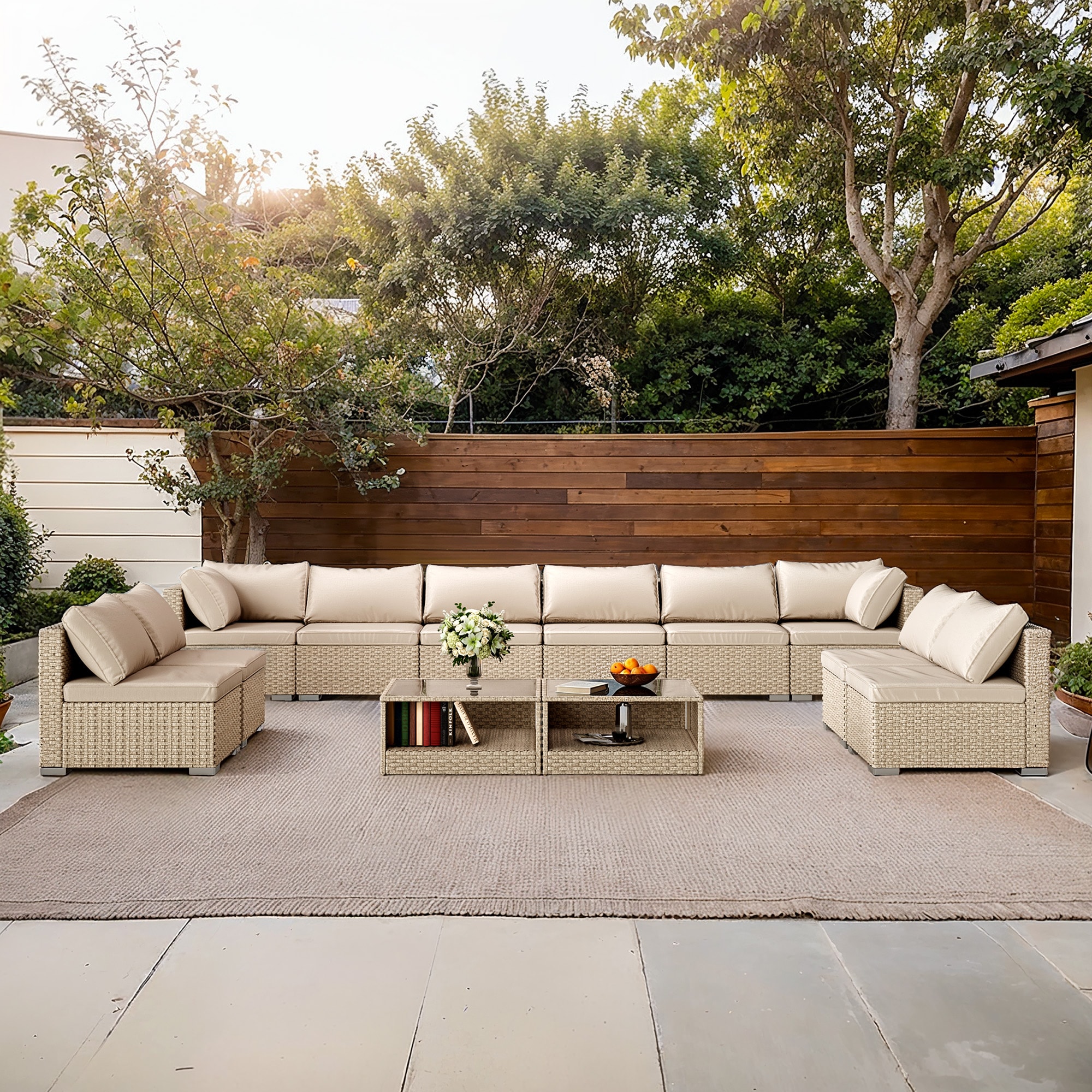 Bybafun YD0900001 Wicker Outdoor Sectional with Beige Cushions and Wicker Frame