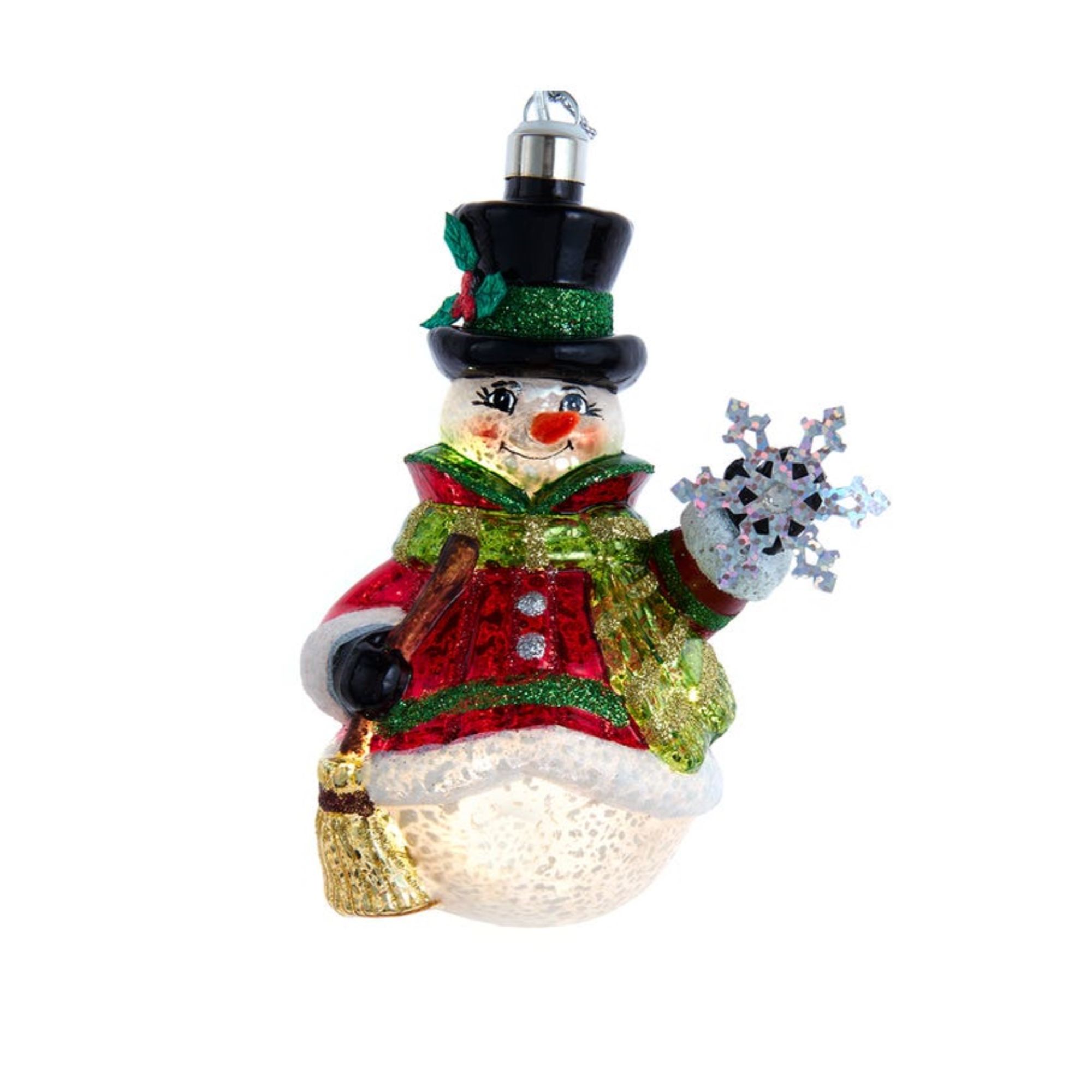 Kurt S. Adler 086131824883 Kurt Adler Pre-lit Hanging Glass Ornament - Warm White LED's - USB-Powered Snowman with Snowflake