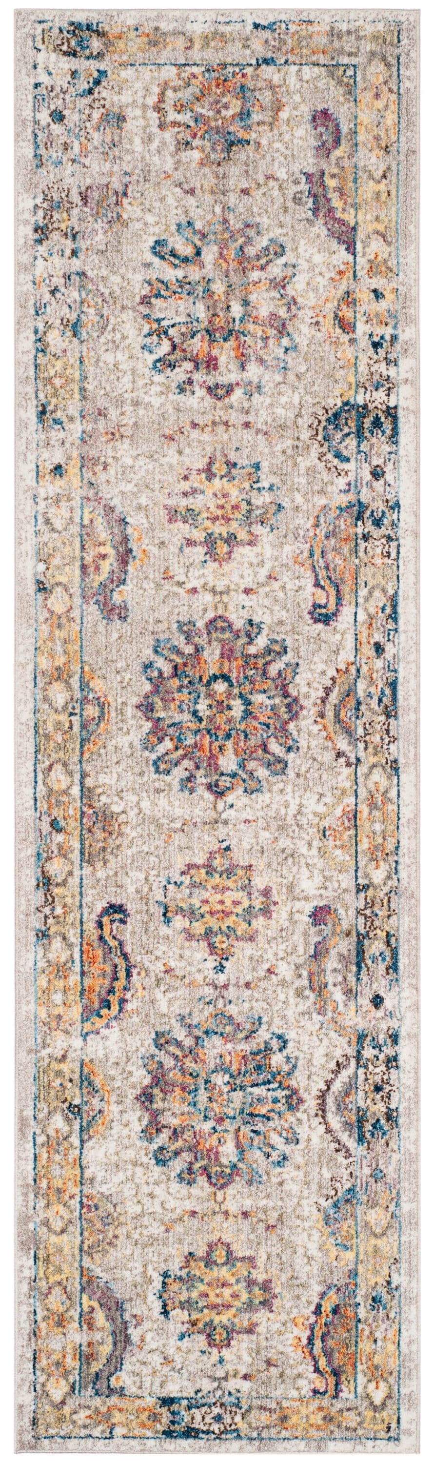 Light Grey and Blue Synthetic Geometric Runner Rug