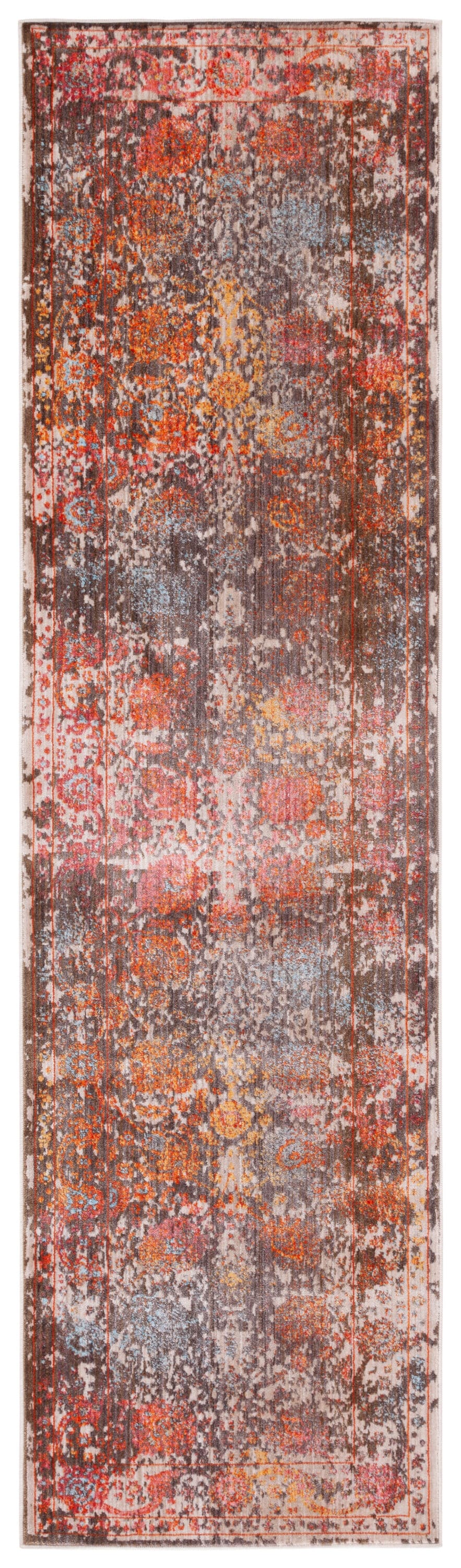 Gray and Beige Floral Motif Synthetic Runner Rug