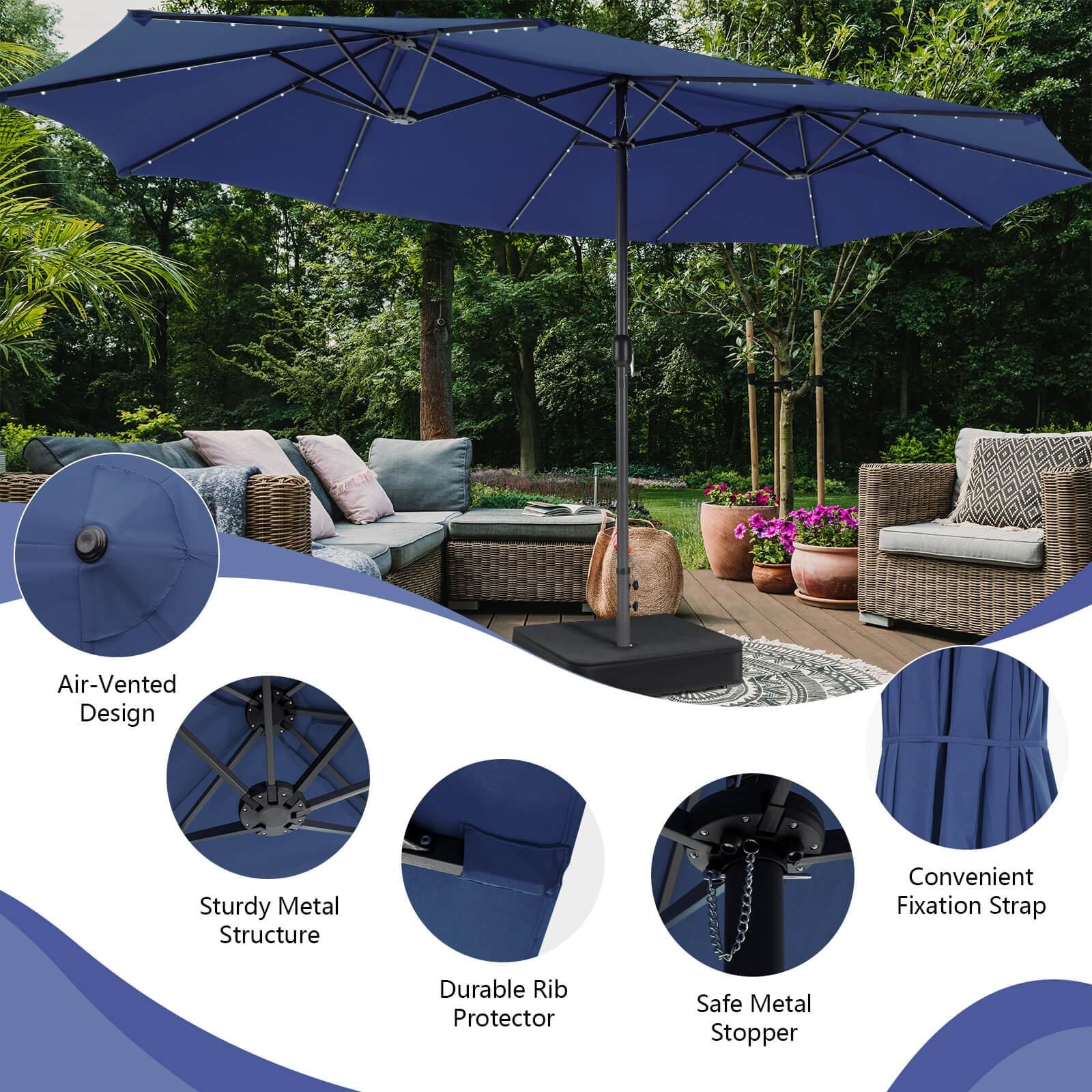 Clihome 15-ft Steel Blue No-tilt Garden Patio Umbrella with Lights and ...