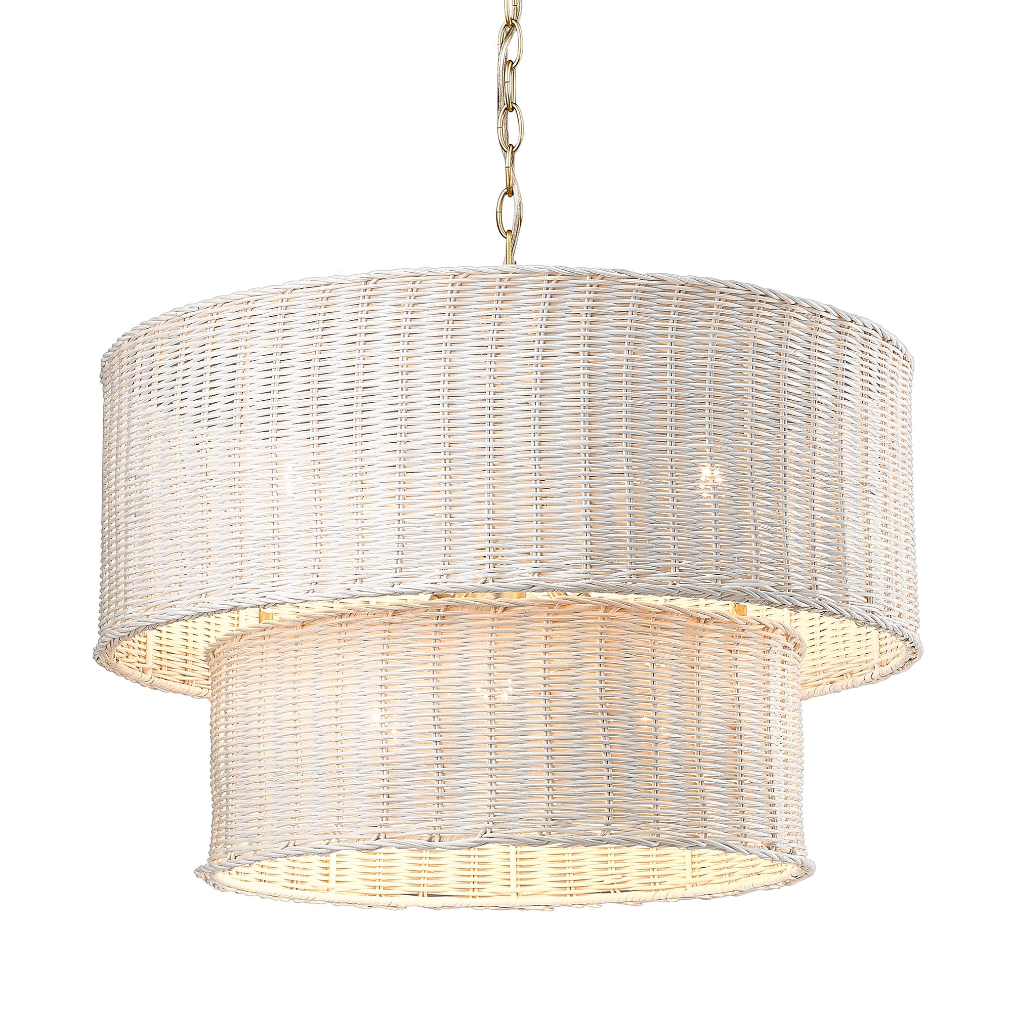 White Wicker Drum Chandelier with Bronze Accents