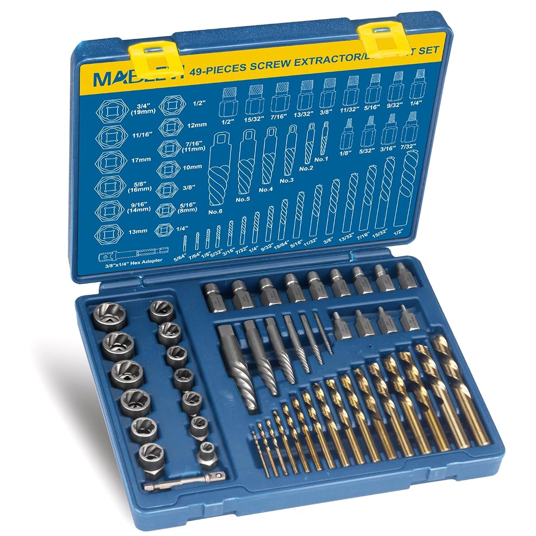 Aoibox  49 Piece Screw Extractor and Left Hand Drill Bit Set with Multi Spline and Spiral Extractors