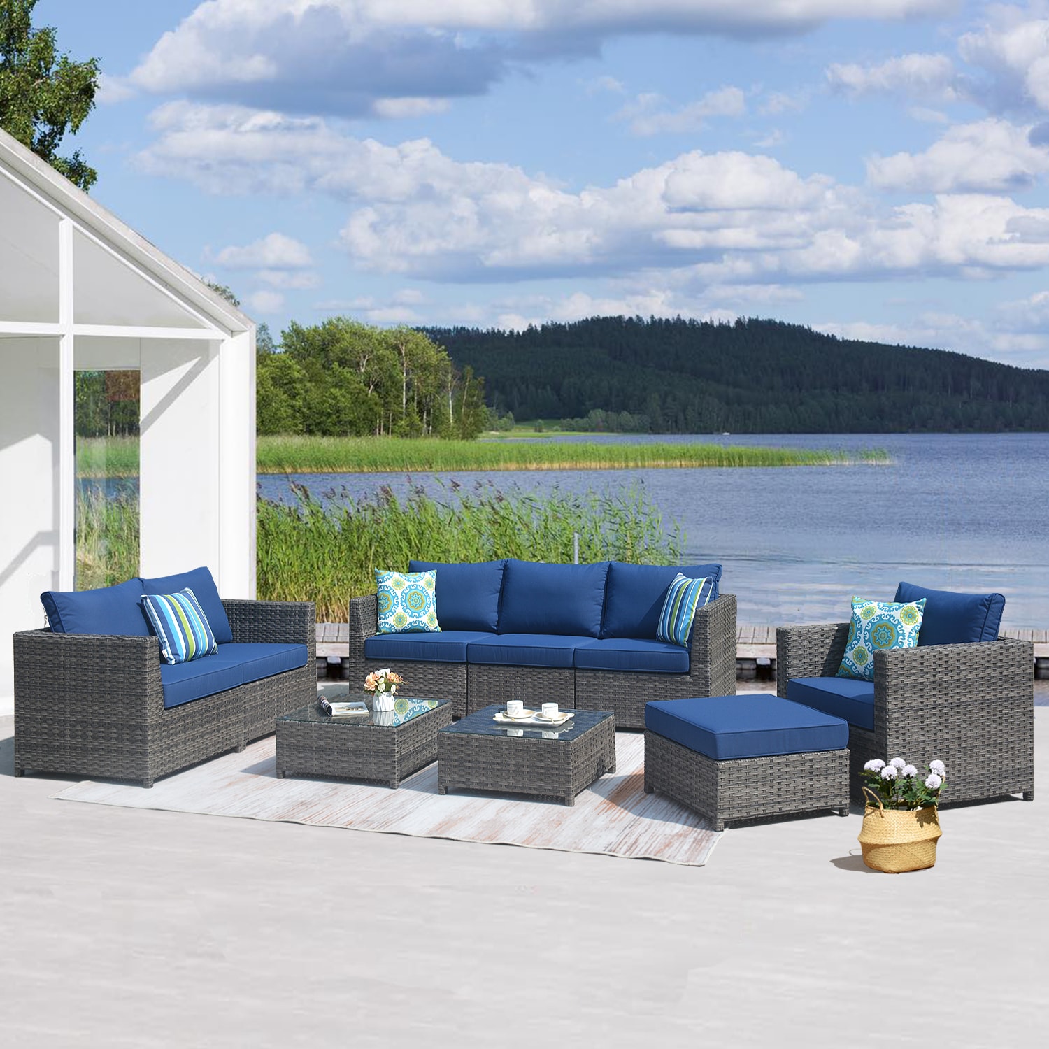 Ovios New Vultros Rattan Outdoor Sofa with Blue Cushion(S) and Rattan Frame  in the Patio Sectionals & Sofas department at