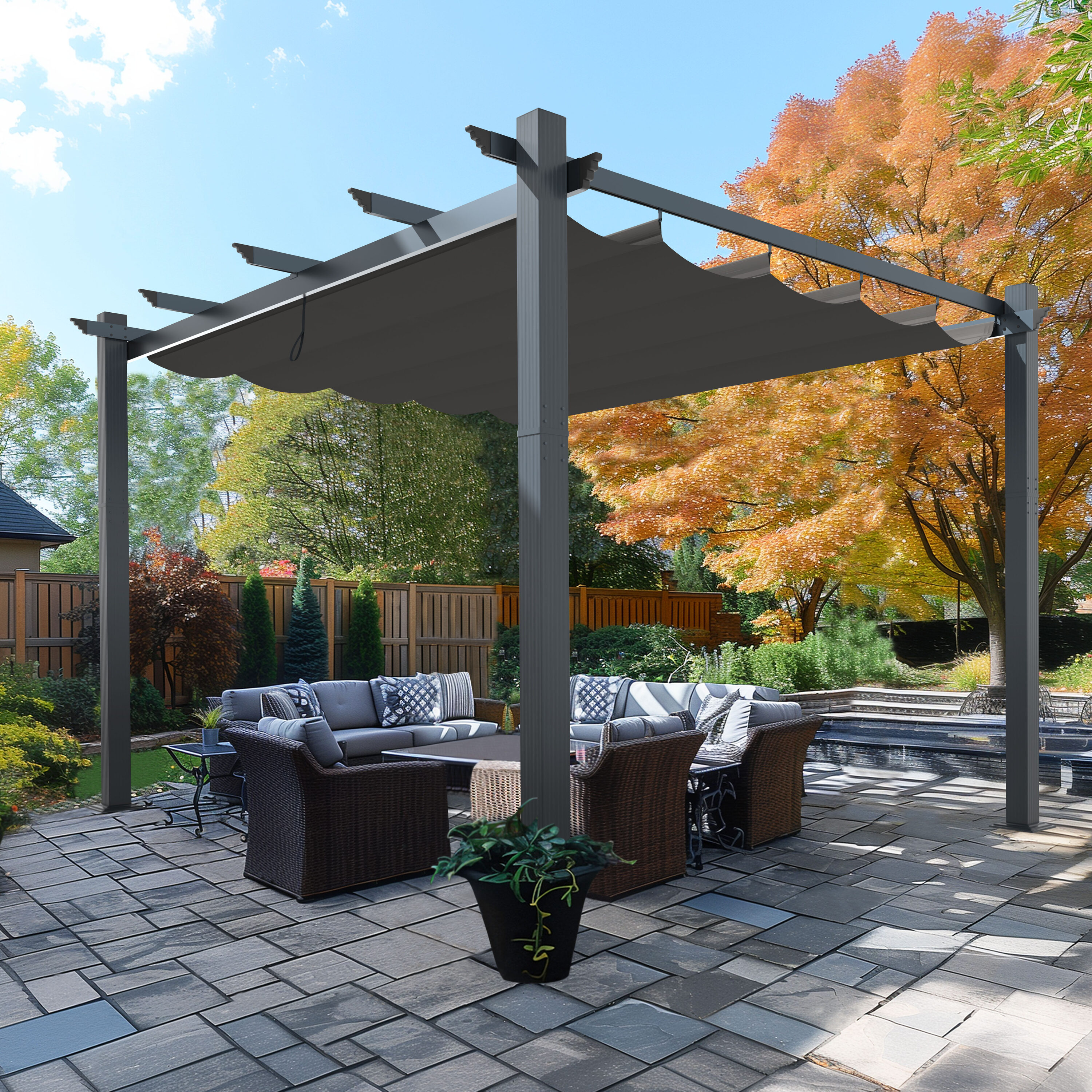 VEIKOUS PG0202-02-4 10-ft W x 13-ft L x 8-ft H Gray Metal Freestanding Pergola with Canopy