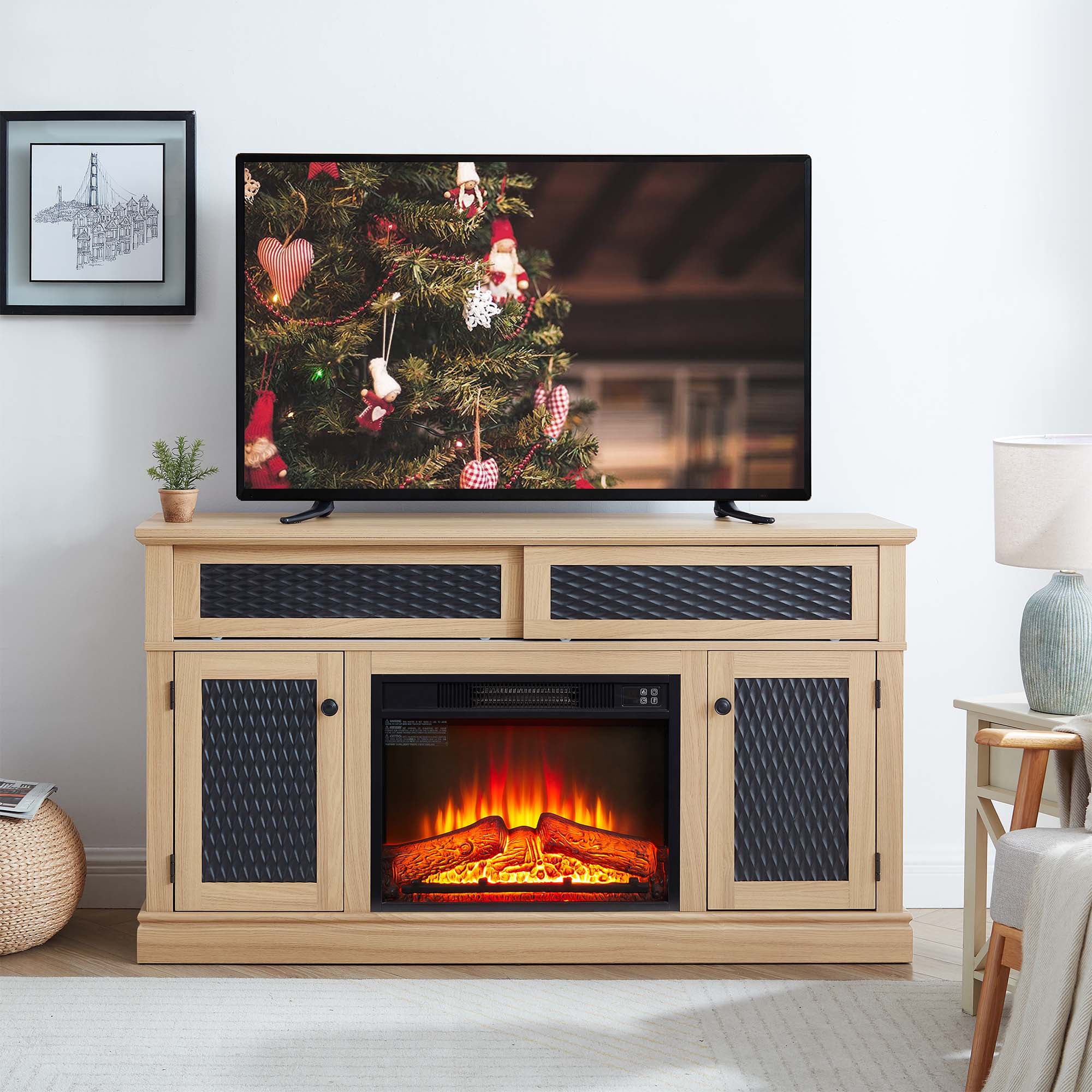 Fun Orange FUN25EF02 58.27-in W Light Oak TV Stand with Fan-forced Flat wall Electric Fireplace with Remote Control Included