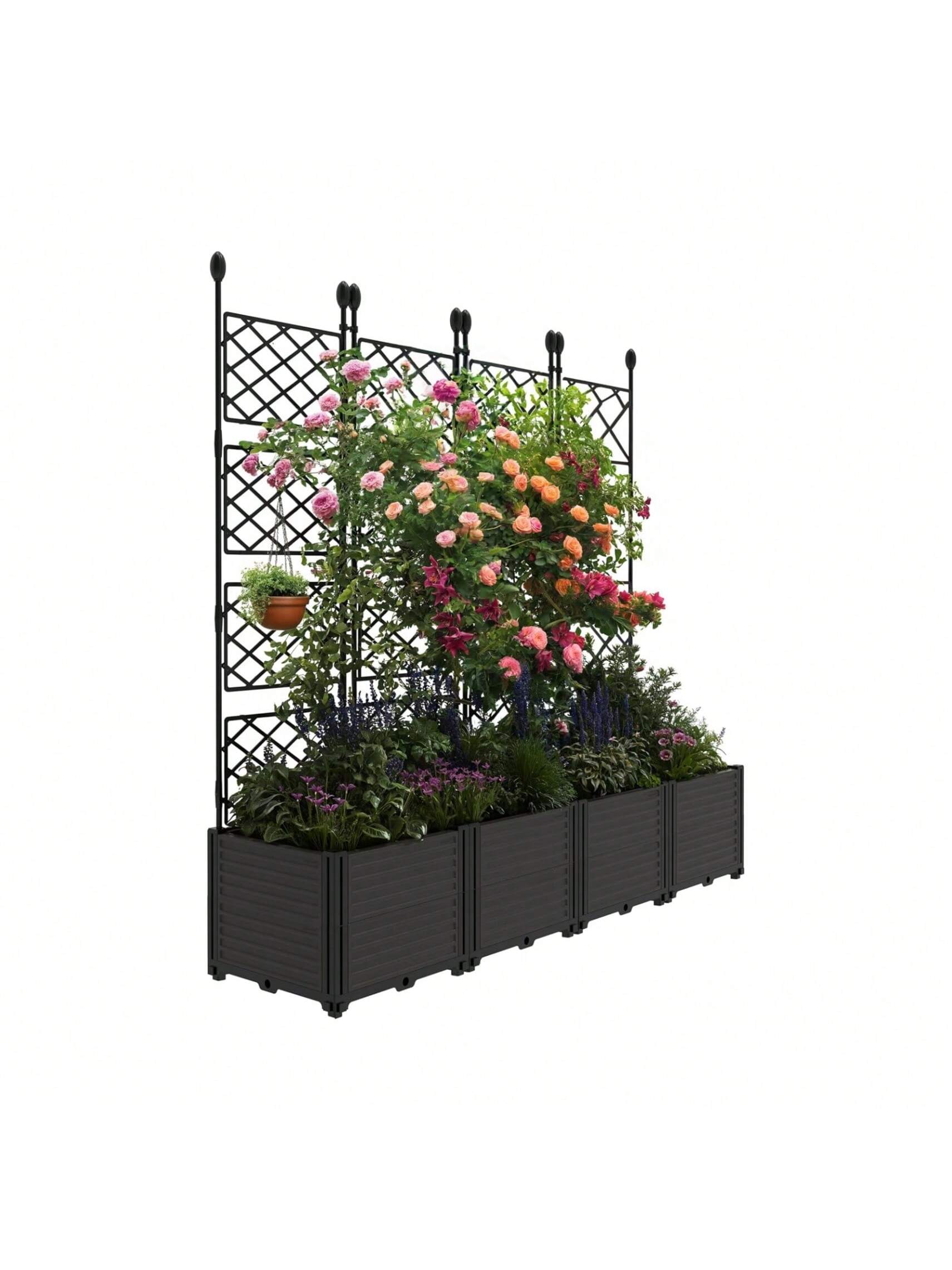 Qeetex BY-PHO-339UJ3EU 4 PCS Plastic Plant Box With Metal Trellis Raised Garden Bed With Trellis Planter For Climbing Plant Outdoor Raised Planter Box Privacy Screen For Patio BalconyPlanter Box For Backyard Patio