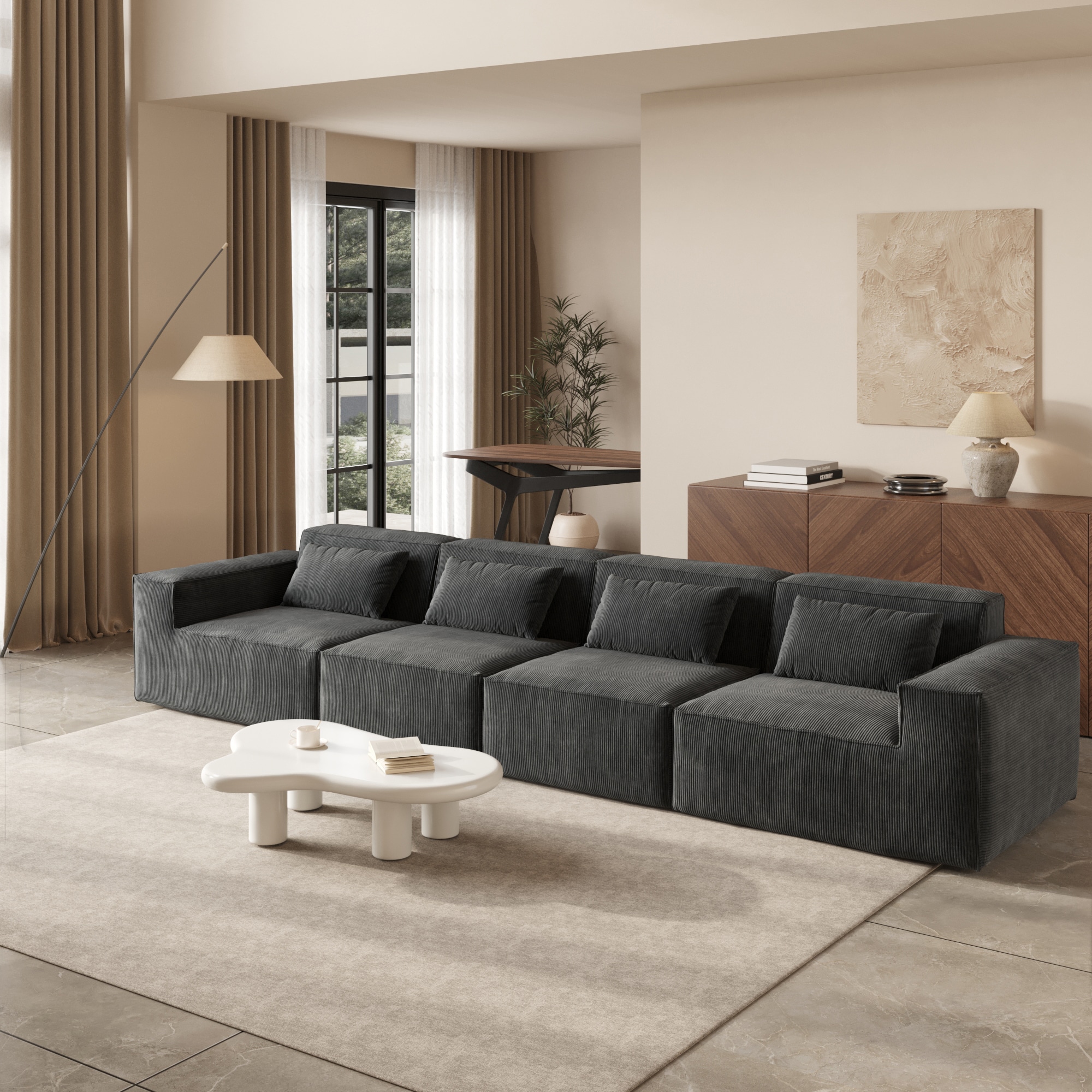 BuotiqHom DH-SF4-130BK 149.6-Inches Modern Black Velvet 4 -seater Loveseat