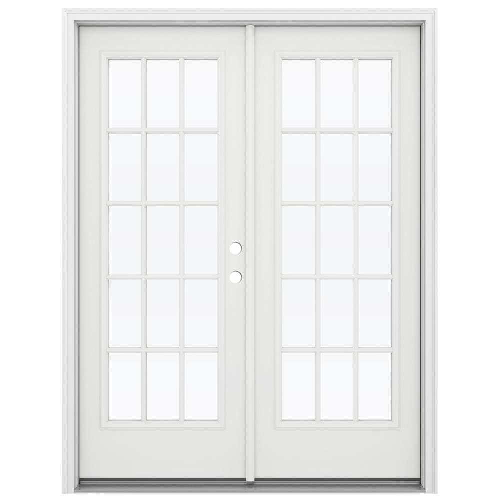 JELD-WEN LOWOLJW206000002 French 60-in x 80-in x 4-9/16-in Jamb Low-E External grilles , Modern White Steel Left-hand inswing French Double Patio Door Brickmould Included