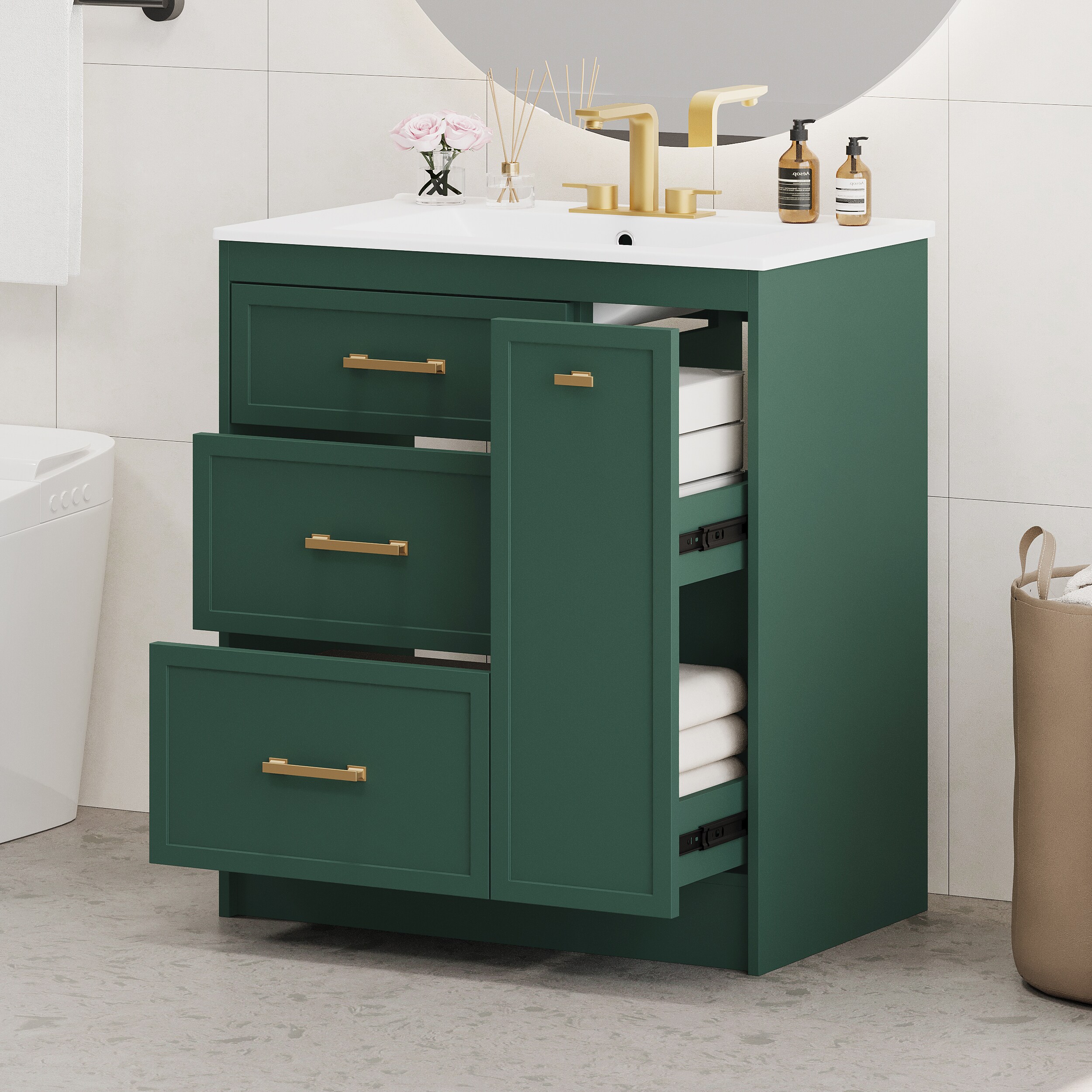 Tatayosi JJ-P194978F 30inches Forest Green Bathroom Vanity Set Floor Standing with Three Drawers One of Which is a Double-Layer Drawer with Long Gold Handles - Perfect for Small Bathrooms