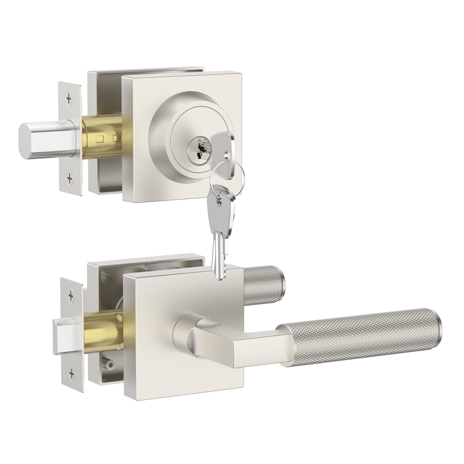 AOIZGMY  Premium Brushed Satin Nickel Zinc Alloy Front Door Lock Set Double Cylinder Deadbolt Heavy Duty Security Handleset for Left Right