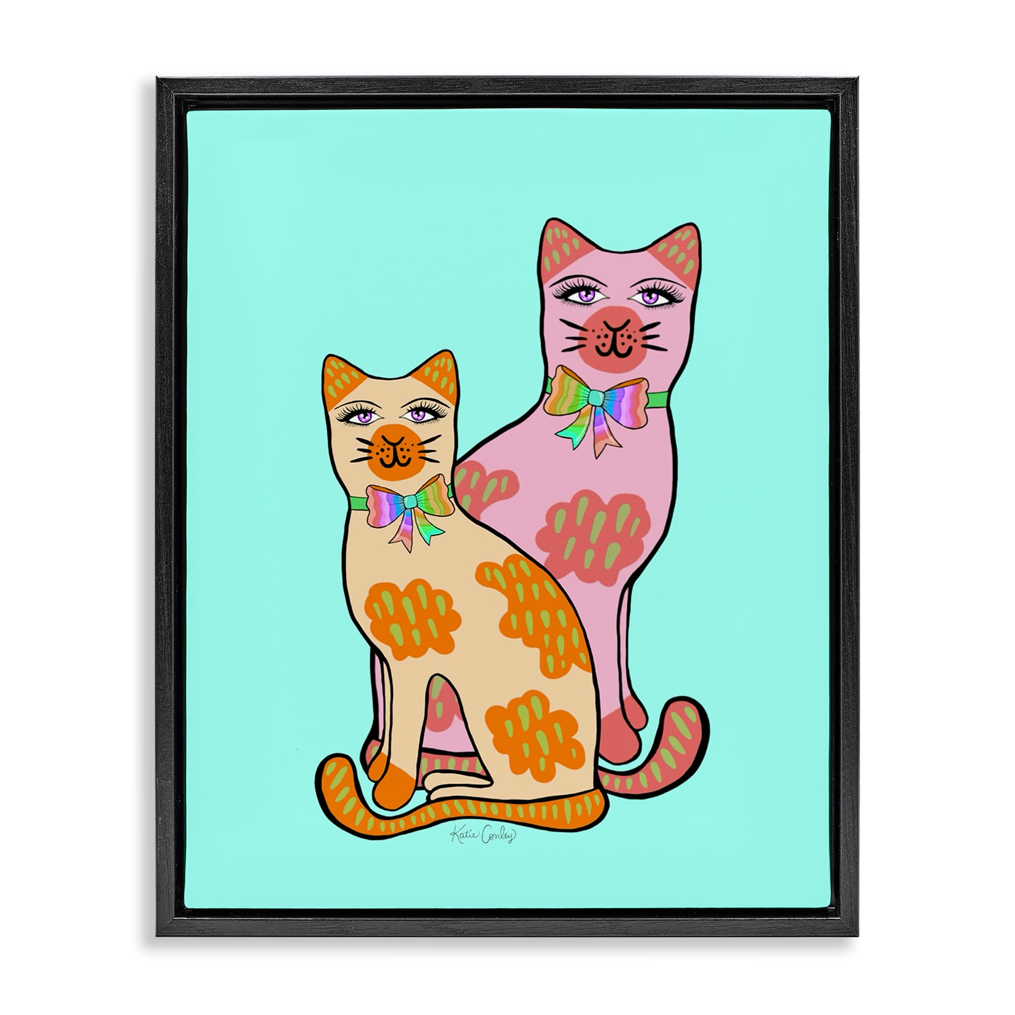 Stupell Industries BS-761-FFB-16X20 Funky Cats on Turquoise Black Framed Floater Canvas Wall Art By Katie Conley 17 x 21
