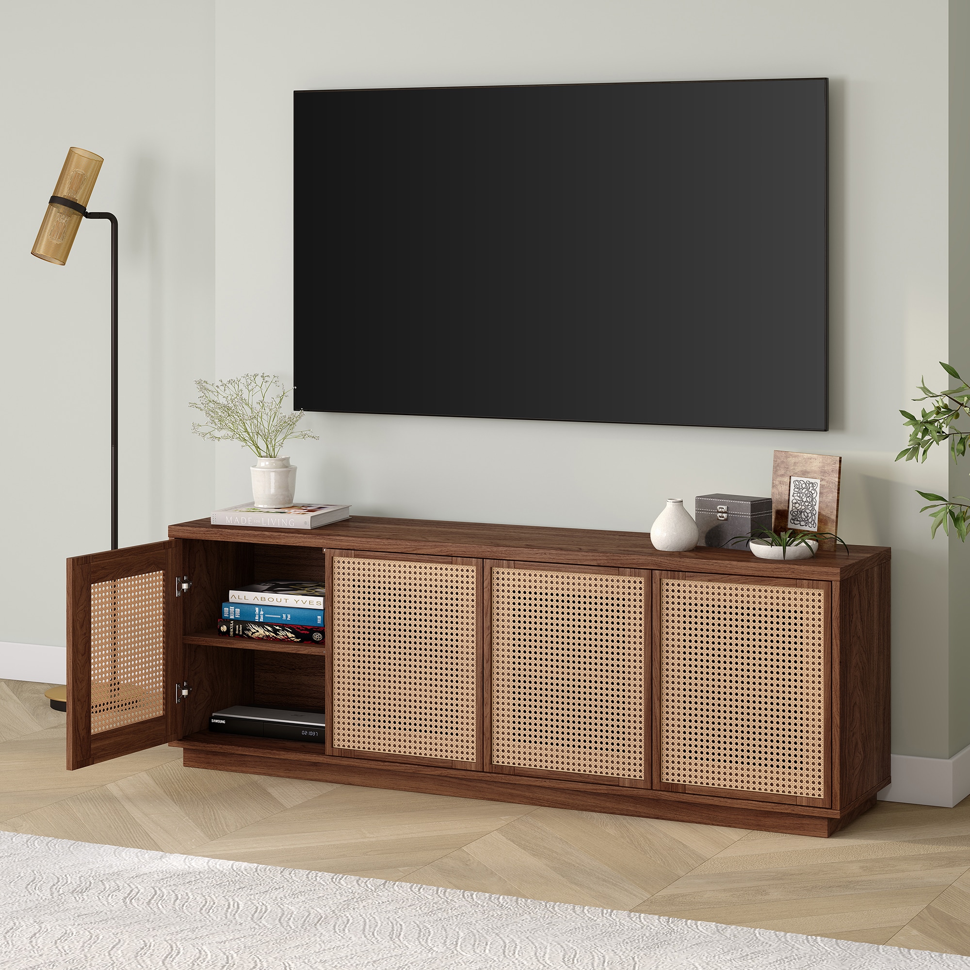 Satin Walnut Rectangular TV Stand with Faux Rattan Cabinets