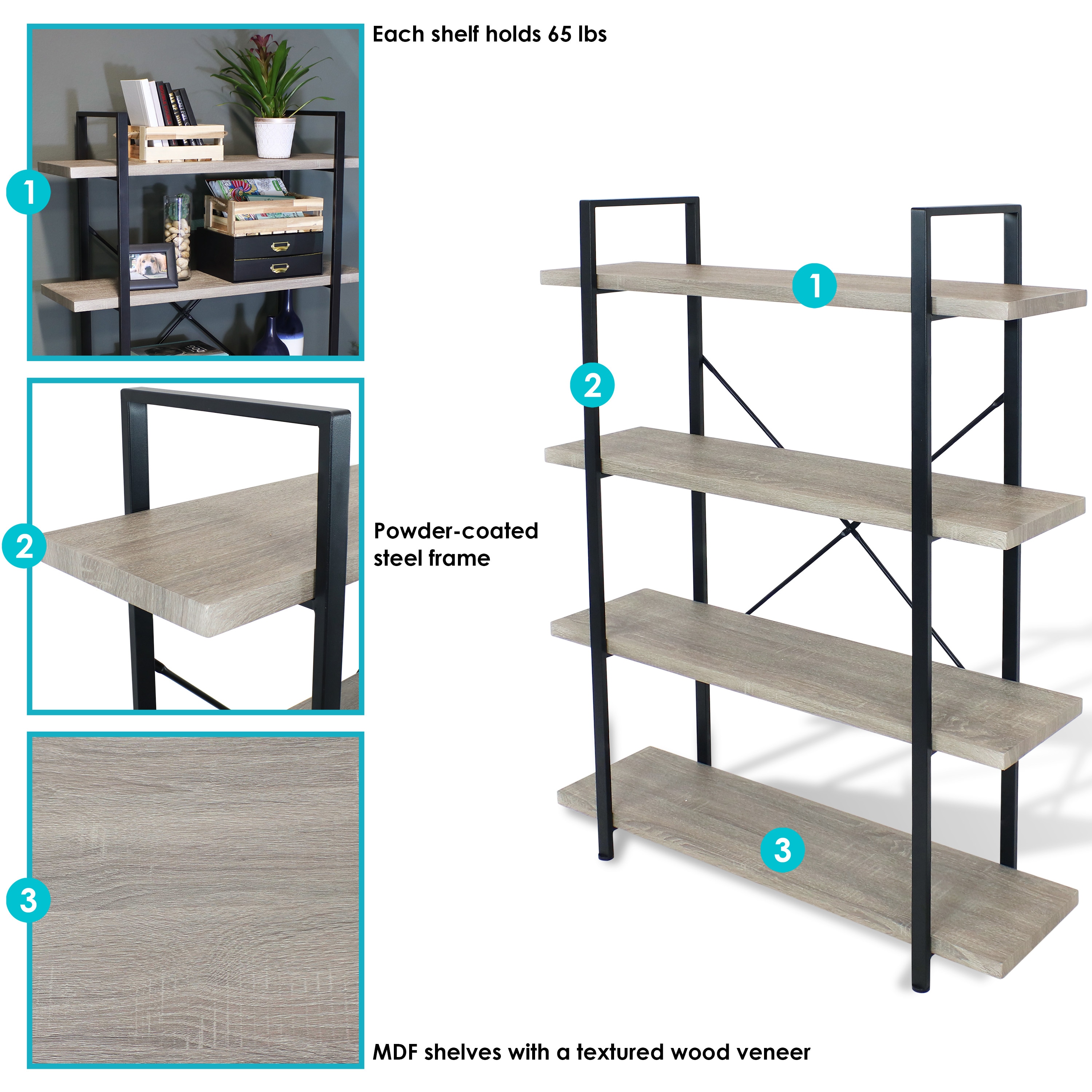 Oak Gray 4-Tier Adjustable Industrial Bookshelf with Steel Frame
